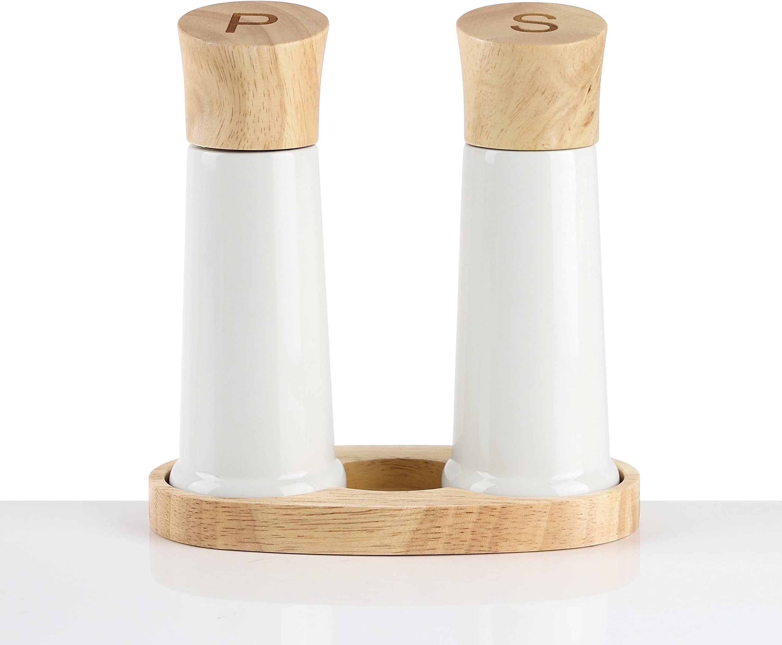 Tessie & Jessie Wooden Salt and Pepper Grinder Set with a Wood Tray, Premium Beach Wood, Elegant Refillable Salt Pepper Mill, Salt Pepper Shakers for Seasoning, Stylish Gift Set (6"+6")