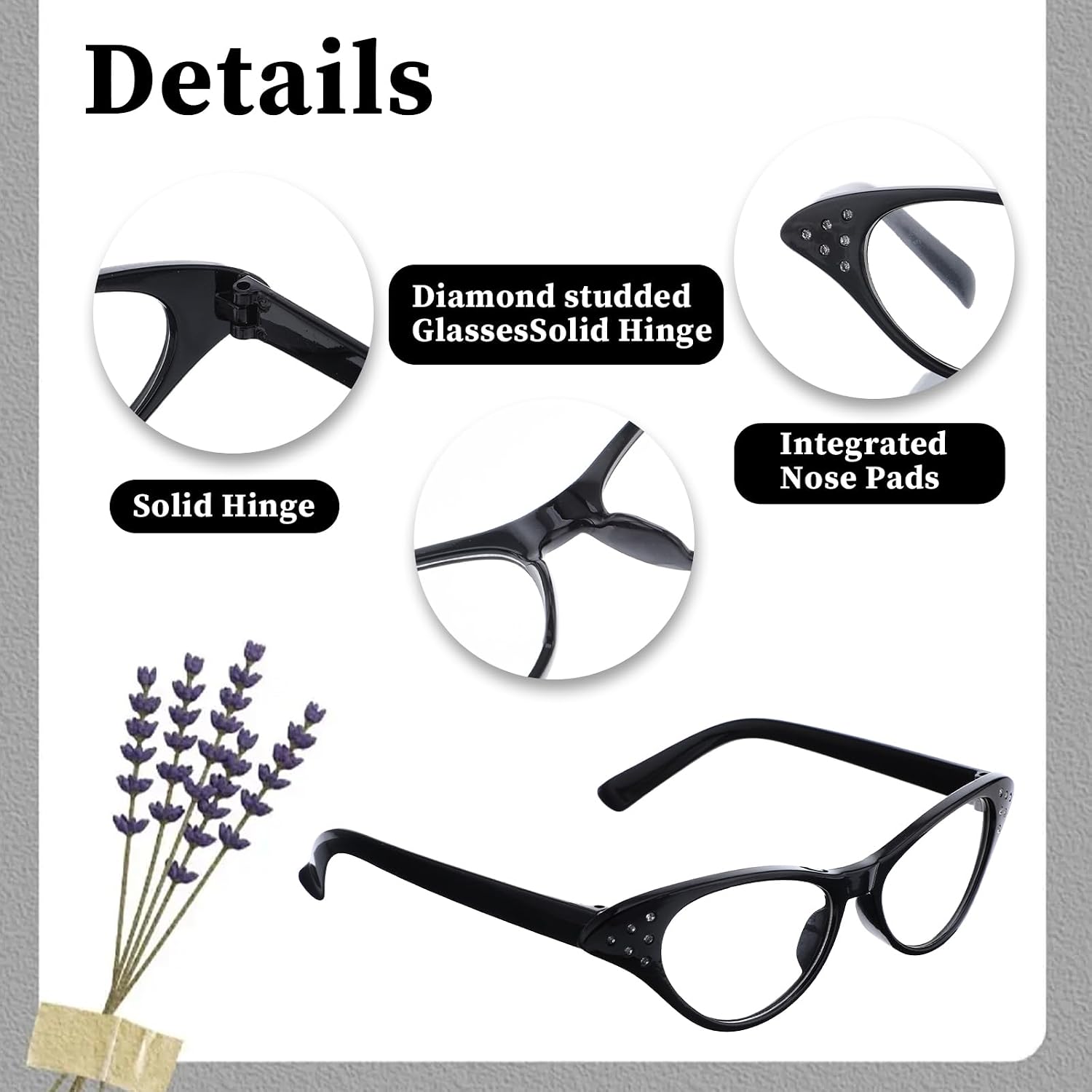 JJUNW 4Pcs Cat Eye Glasses with Rhinestones, Retro Party Costume Glasses for Halloween Cossplay Hip Hop Dress up Party Gifts