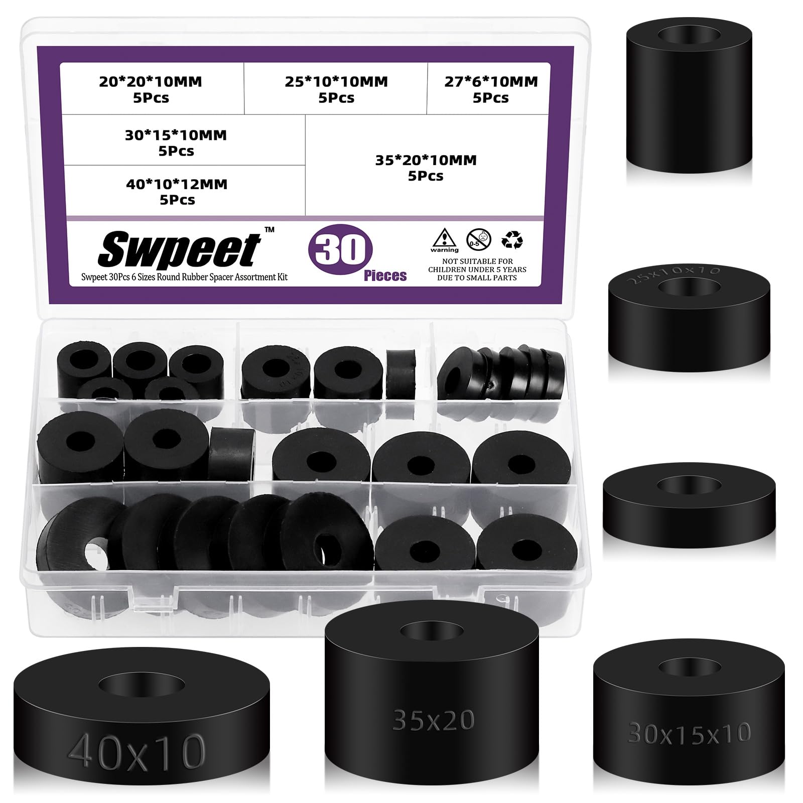 Swpeet 30Pcs 6 Sizes Round Rubber Spacer Assortment Kit, 10/12mm Anti Vibration Black Rubber Washers Kit
