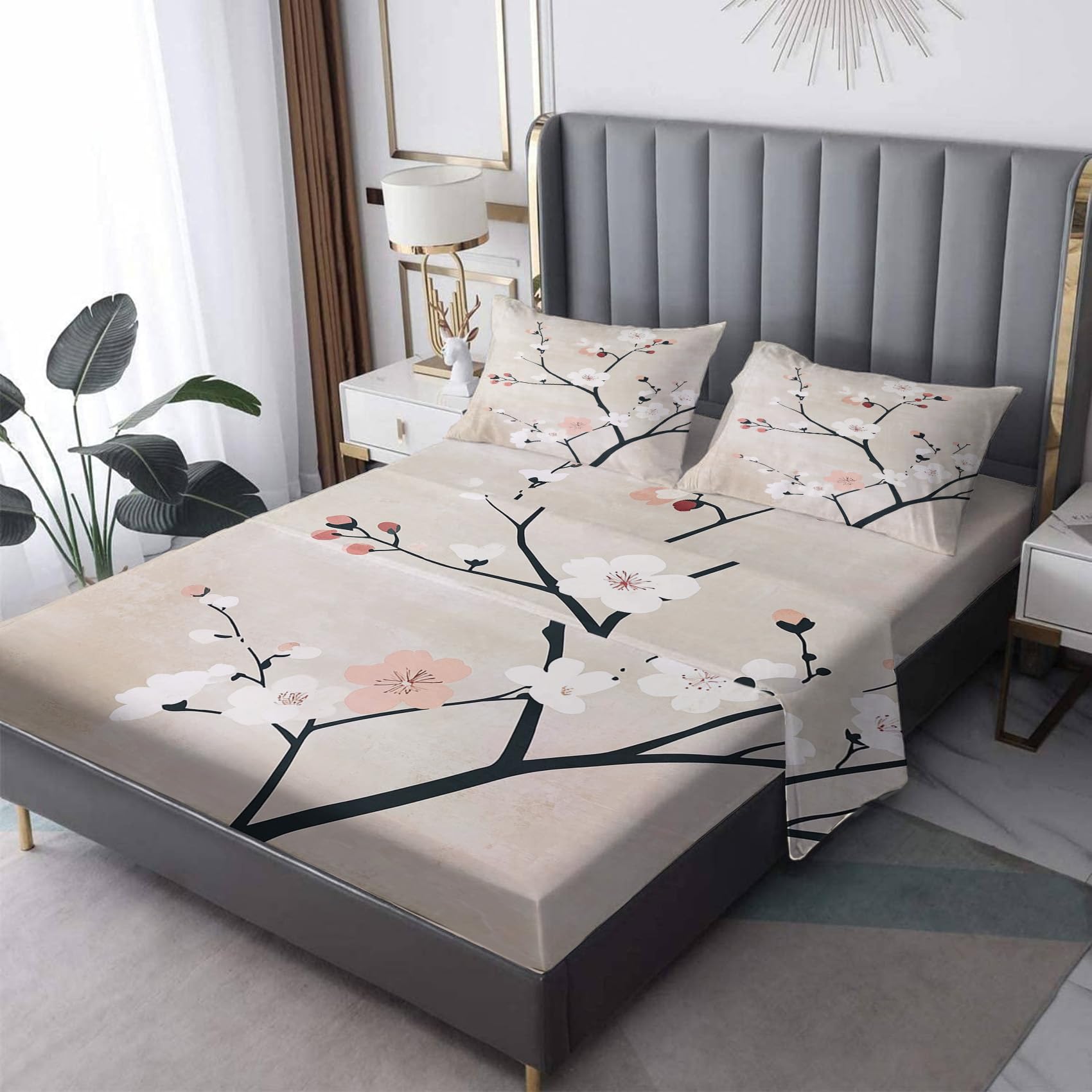 Zvynqour - Cherry Blossom California King Floral Sheet Set - Flower Bed Sheets - 16" Deep Pocket Fitted Sheets & Flat Sheets & Pillowcases - Set