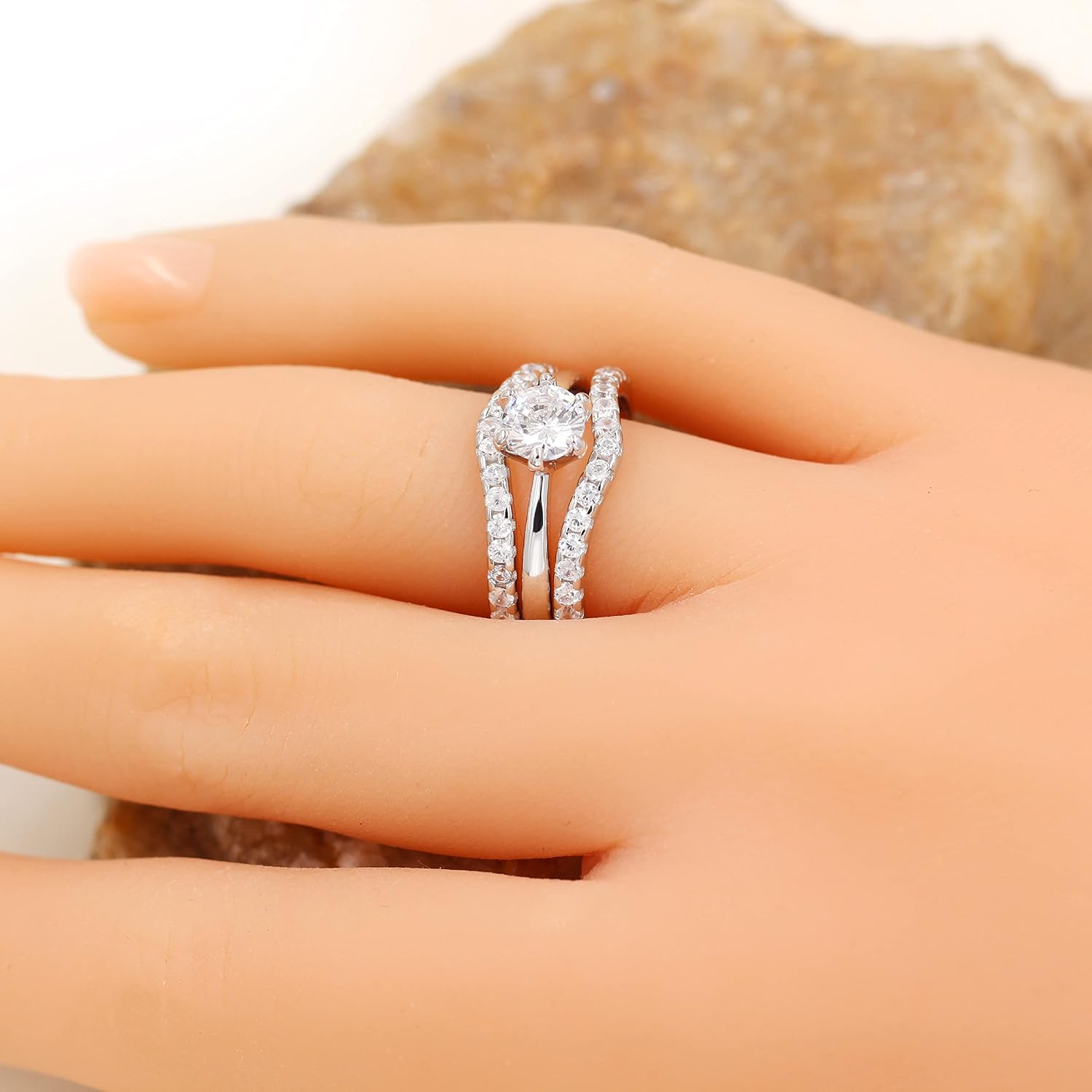 Uloveido 925 Sterling Silver CZ Pave Wedding Ring Guard Enhancer 2pcs V Shape Eternity Stack Rings Set Y2469