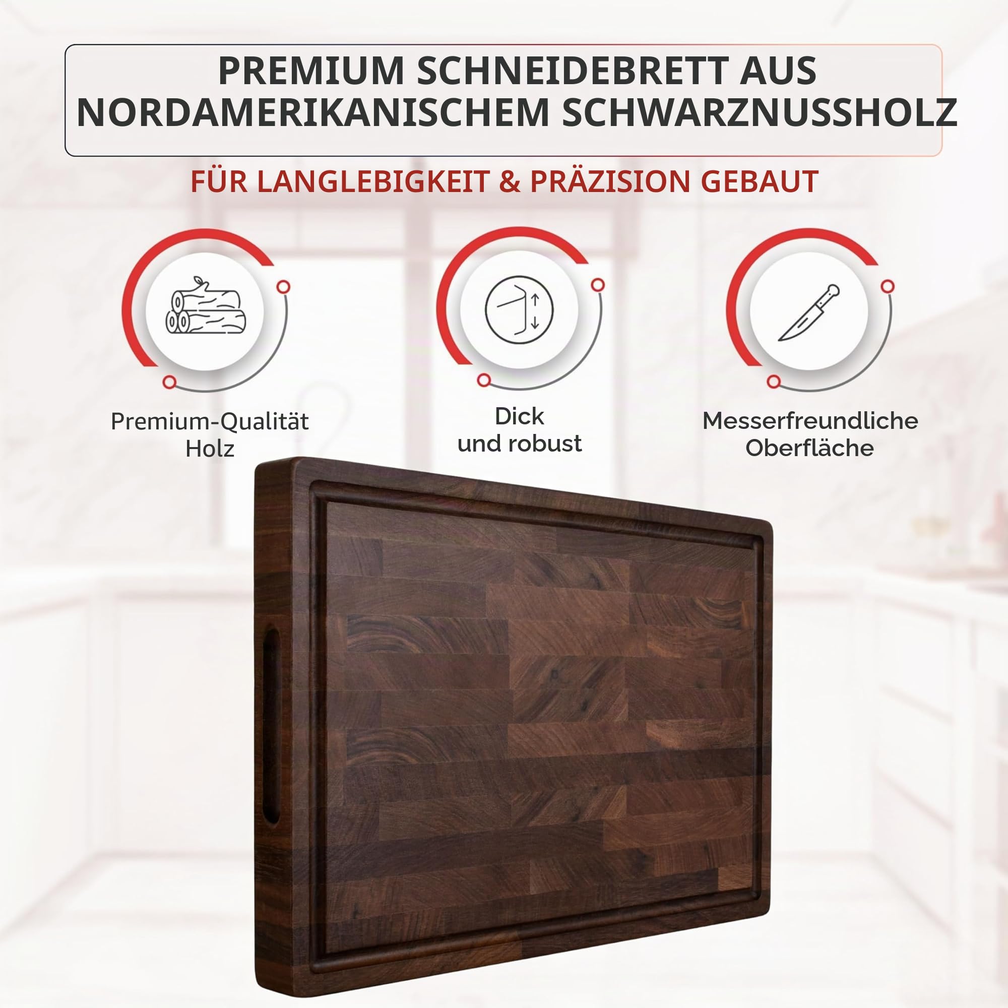 Schneidebrett aus Nordamerikanischem Schwarznuss-Holz – Massives Hirnholz – 40×27,5×3,5 cm – Extra Dick & Langlebig – Saftrille, Griffe & rutschfeste Füße – Inklusive Premium Holzpflegewachs