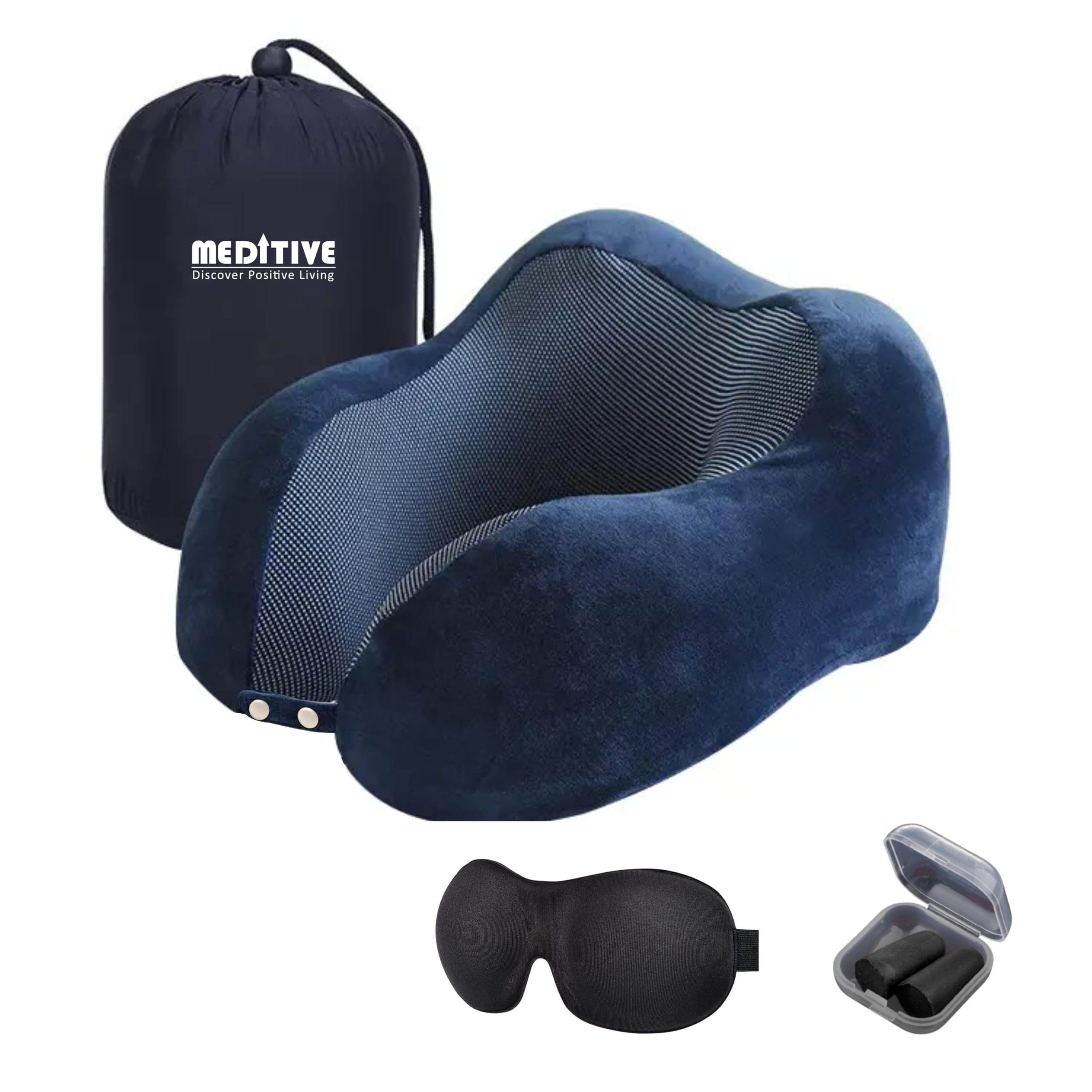 MEDITIVE Memory Foam Neck Pillow for Travel (Blue) Neck Protection Arm Rest Foldable Velvet Cover Office Nap Pillow U Shaped Memory Foam Car Neck Pillow with Carry Bag