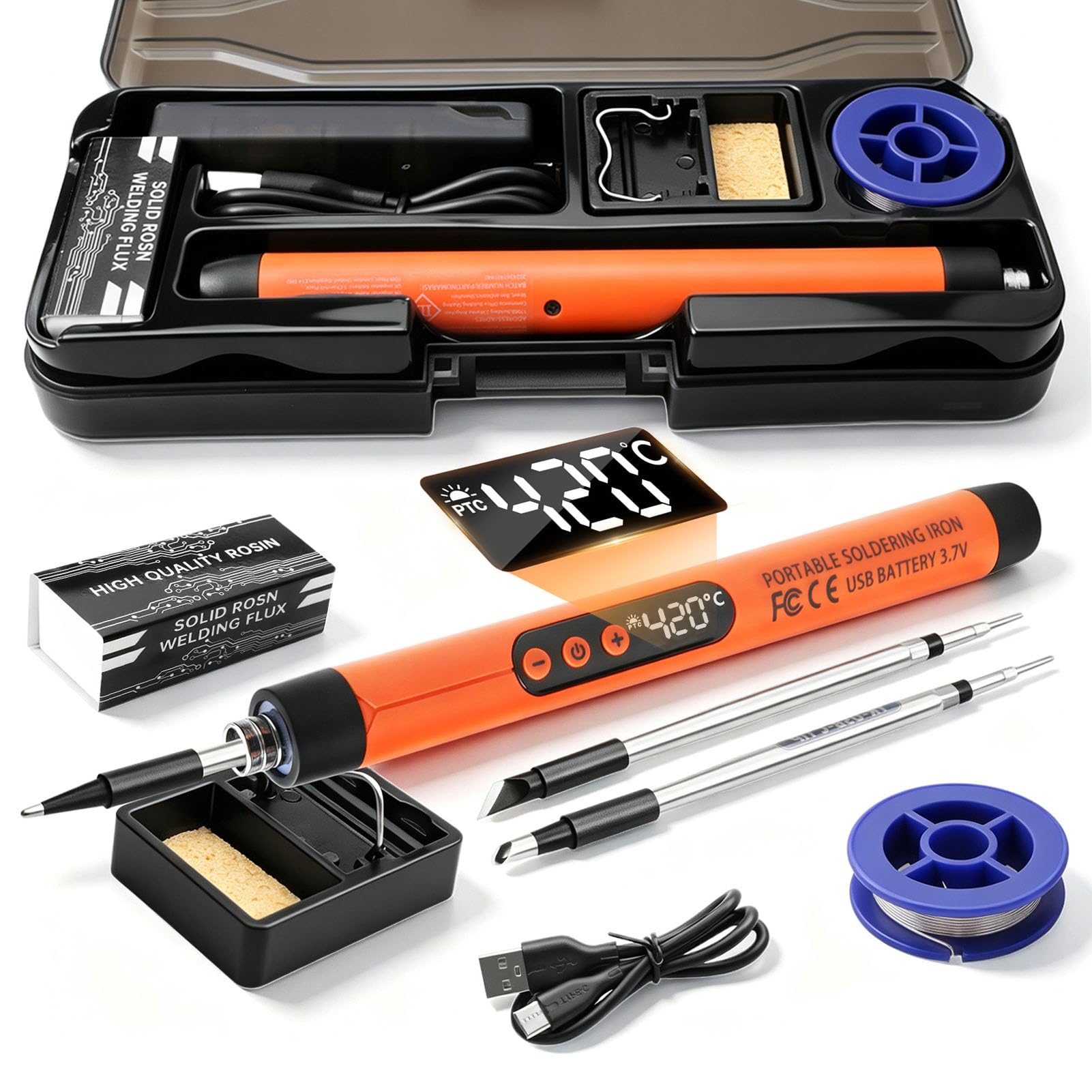 Soldador de Estaño Inalámbrico Recargable con pantalla LCD, Kit Soldadura Electrónica Temperatura Ajustable 260-420°C, 3 Puntas, Bolígrafo para Circuitos Cableado DIY Reparación Electrónica