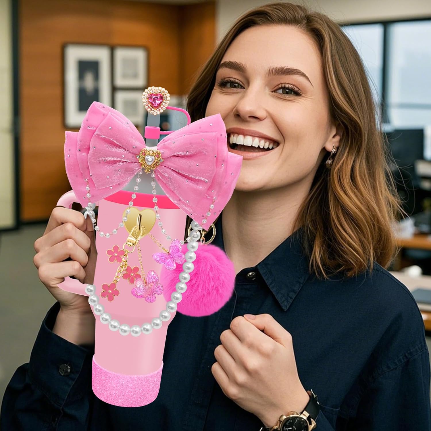 LBU Bling Stanley Cup Accessories for 40/30/20 oz Tumbler with Handle Including Glitter Bow Straw Topper, Heart Straw Cover, Pearl Water Bottle Handle Strap, Boot, Pom-Pom, Keychain Charms(Hot Pink) - Image 6