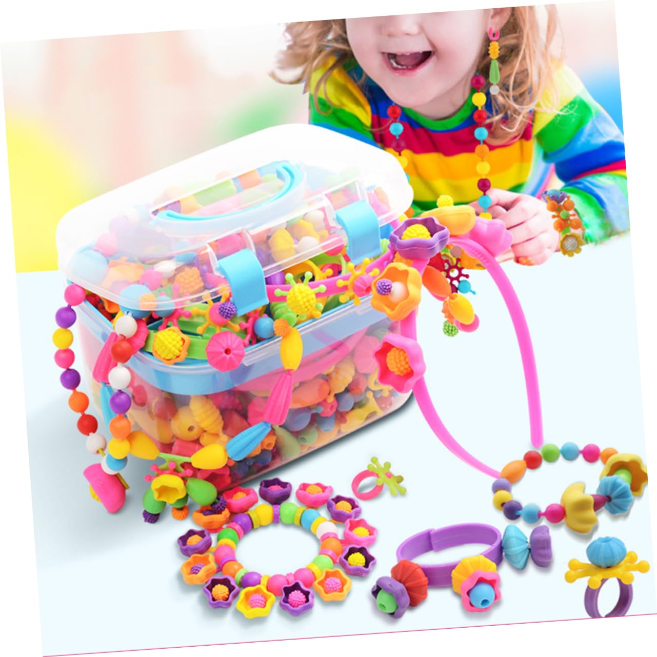 Vaguelly Kit De Cuentas De Plástico Diy Para Niñas, Juego De Manualidades 550 Piezas, Caja De Almacenamiento Azul, Pulseras Infantiles Para Creatividad y Coordinación Mano-ojo