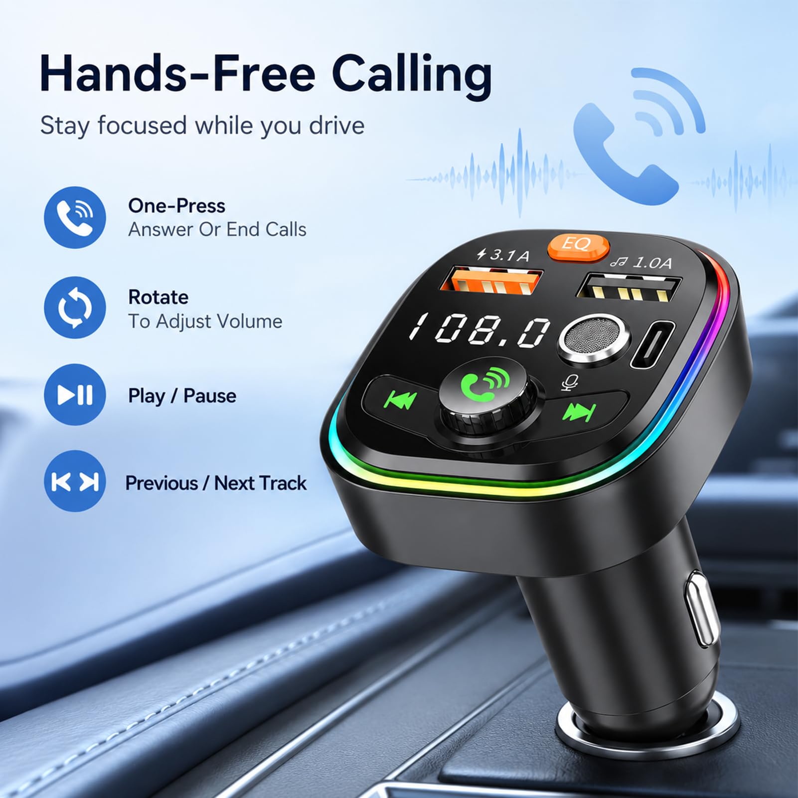 FM Transmitter Auto Bluetooth, Bluetooth FM Transmitter Auto Freisprecheinrichtung 3-in-1 Radio Adapter Schnellladung PD 18W & Typ-C 12–24V Hi-Fi Stereo Bass Kompatibel Smartphones Tablets