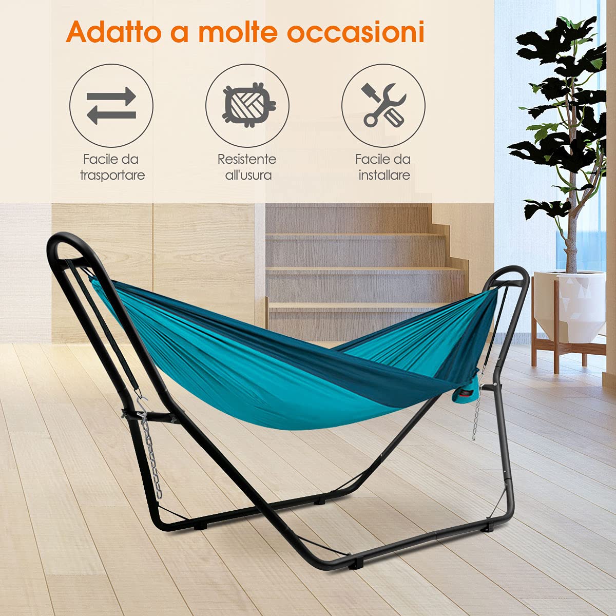 GYMAX Supporto per Amaca da Giardino, Portata di 200 kg, Telaio Metallico per Amaca a Dondolo, Doppio Tubo in Ferro, con Piedini Antiscivolo, Stabile e Durevole per Interno/Esterno