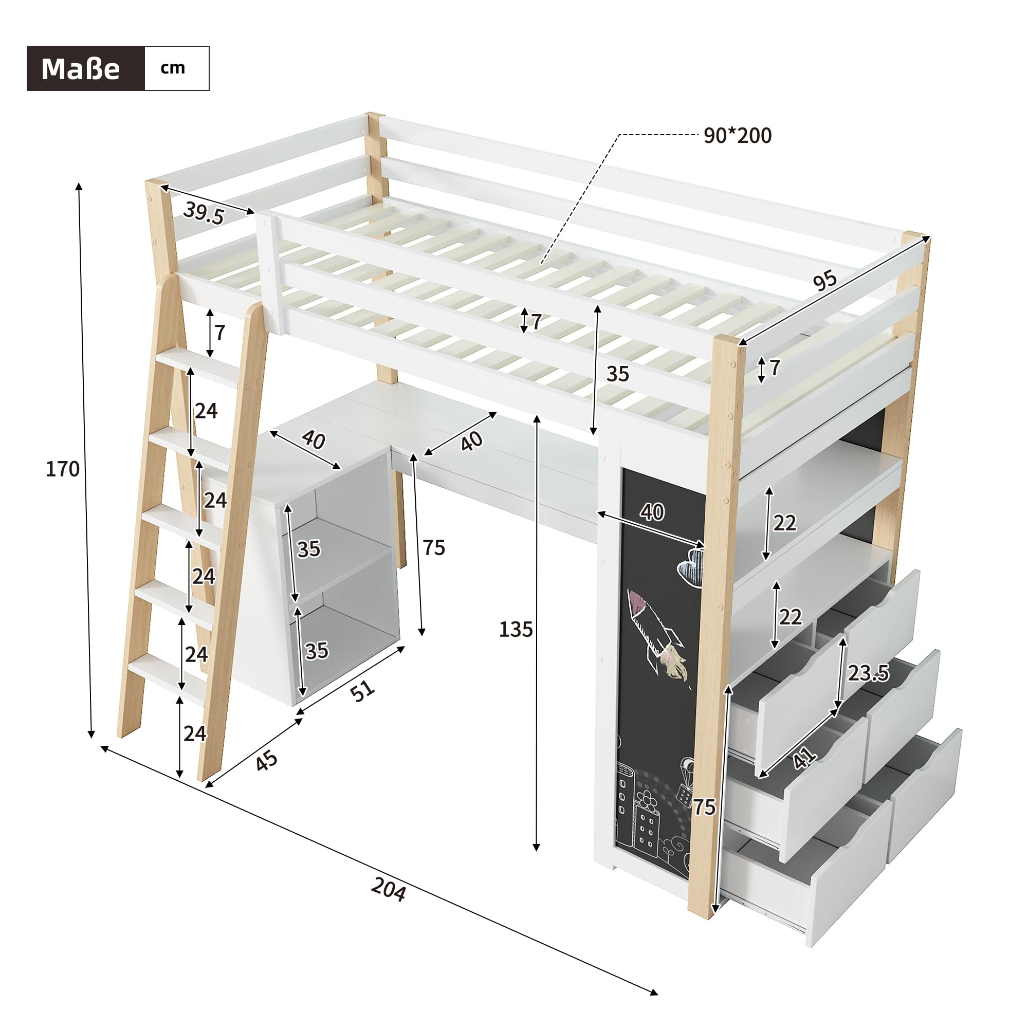 Sapgaks Lit superposé Enfants 90x200 avec Bureau,lit Mezzanine 1 Places 90x200 avec Compartiment de Rangement,avec échelle,Grand tiroir, Tableau Noir,étagère,Blanc + Naturel
