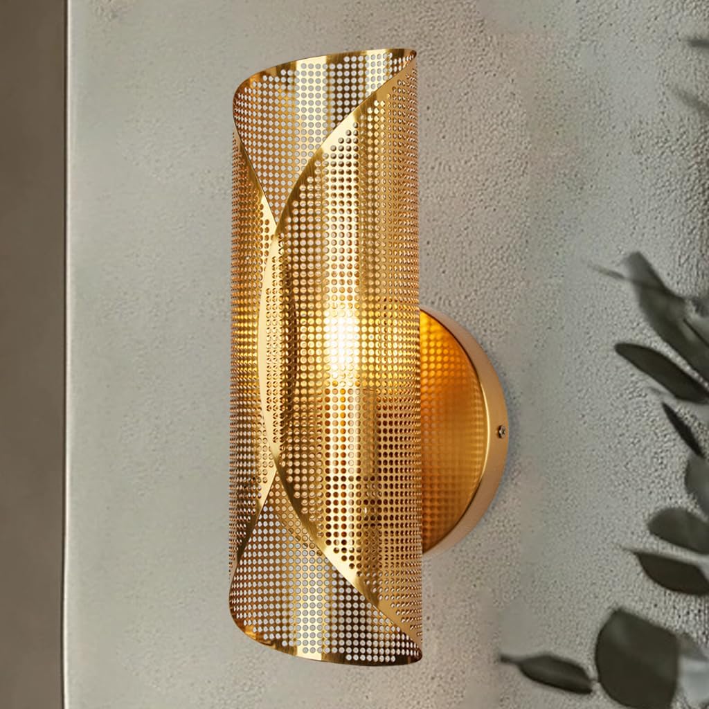 Modern Brass Curved Perforated Wall Sconce, 13.5 Inch Hand-Made Metal Wall Mounted Light Beside Mirror, Elegant Light Fixture for Hallway, Bedroom, Living Room