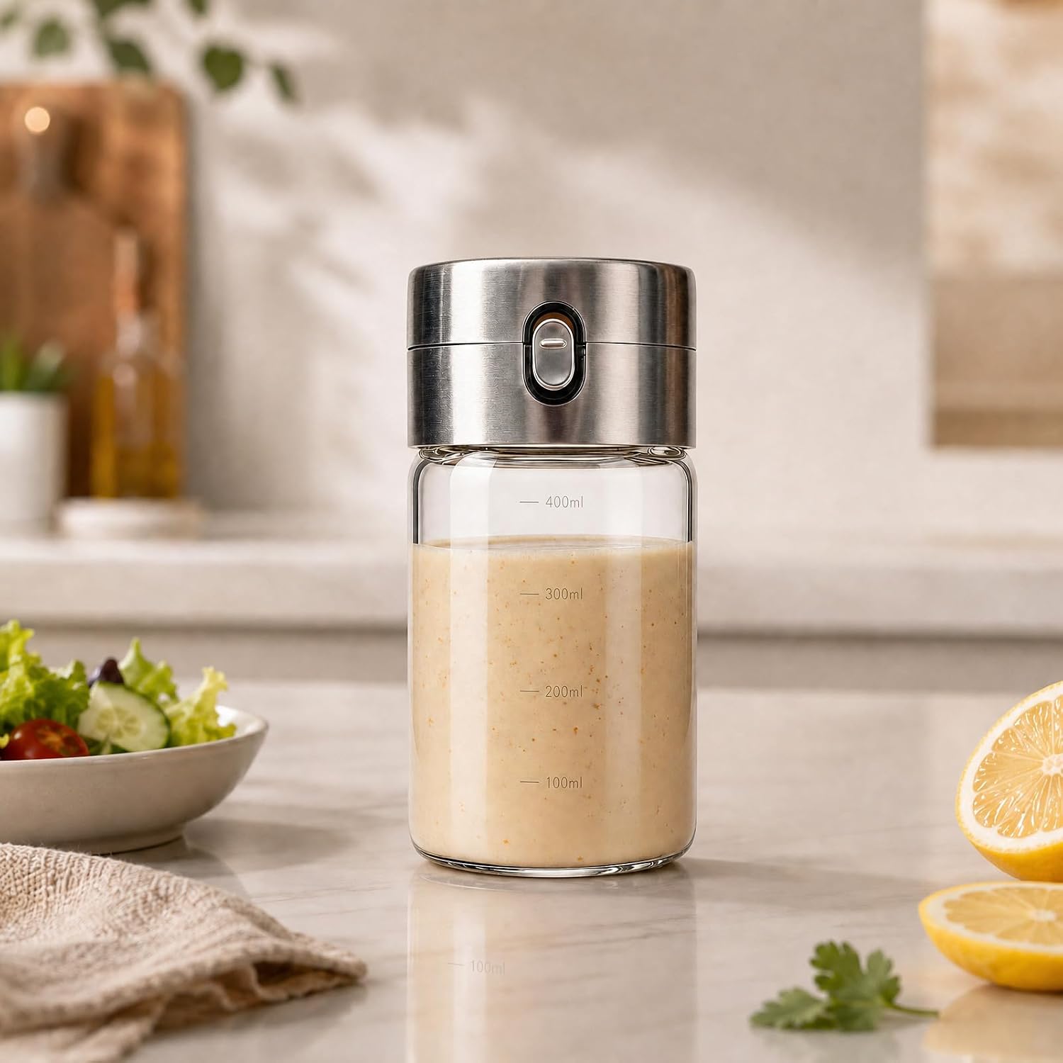 Glass Salad Dressing Shaker, Leak Proof Bottle for Homemade Dressings