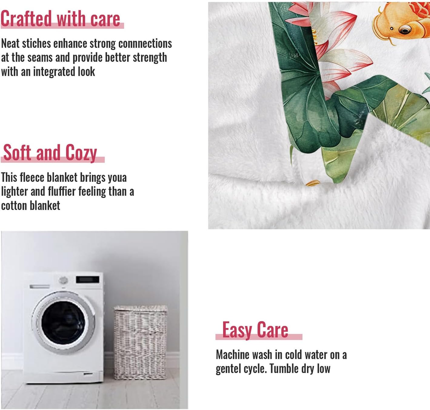 Lotus & Koi Fish Blanket, Traditional Art Home Decor, Super Soft Fleece Throw Blankets for Couch Sofa Bed, 60" x 80"