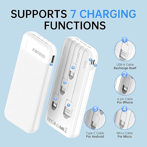 Miniatura 3 de Banco de energía ultra delgado, cargador portátil de 10000 mAh con cables incorporados, 4 salidas 3 entradas, batería de carga multidispositivo para