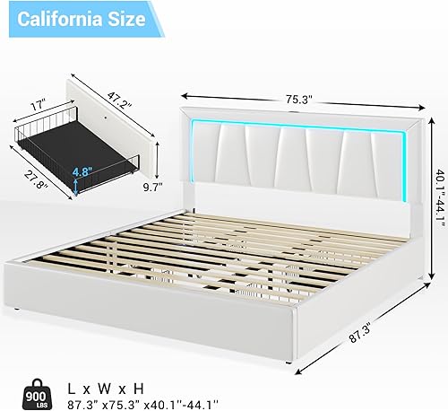 Miniatura 28 de DICTAC Base de cama de tamaño matrimonial con cabecera y 4 cajones de almacenamiento, moderna plataforma tapizada de piel sintética, marco de cama