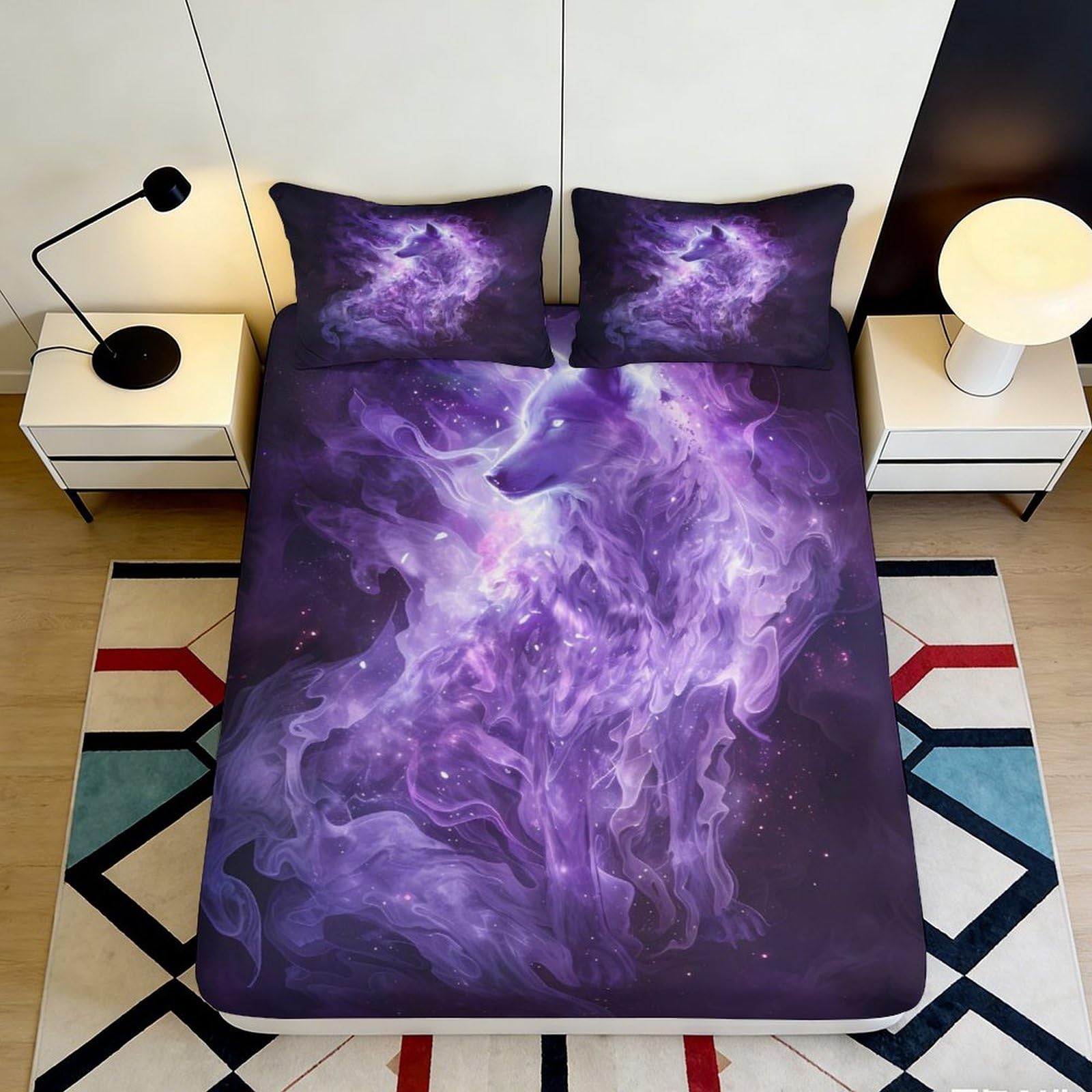 3D Printed Purple Wolf Galaxy Fitted Sheet Microfiber Soft Durable Cosmic Nebula Bed Cover for Bedroom Dormitory Guest Room Mattress Protection 160x200x25cm