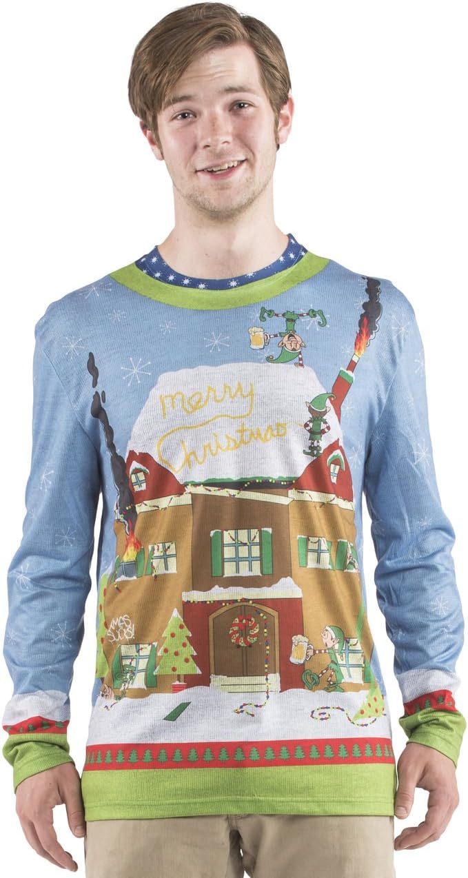 Faux RealMen's 3D Photo-Realistic Naughty Ugly Christmas Sweater Long Sleeve T-Shirt, Blue, One size