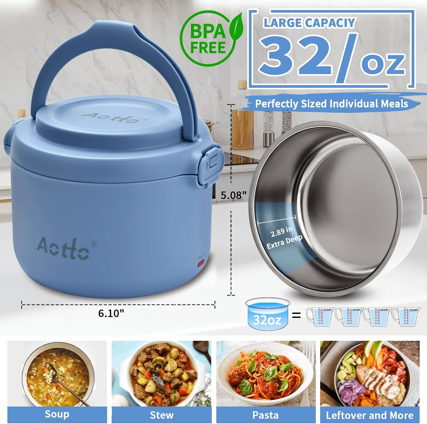 Aotto Electric Lunch Box, 32 oz Portable Food Warmer Heater, Lunch Warmer Portable for Work/Office/Car/Travel 12V/24V/110V 3-in-1, Warming Soup & Meal, Spill-Free, Men & Women's Gifts, Blue - Image 3