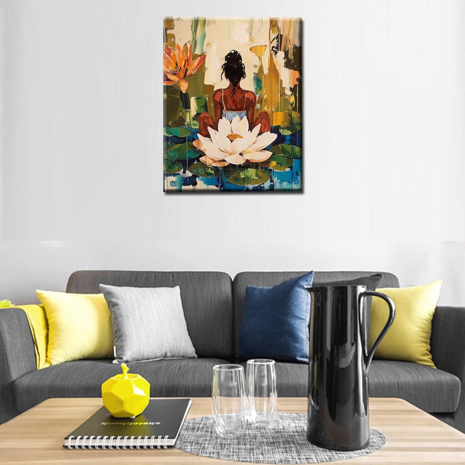 Women Yoga in Lotus Flowe DIY Paint by Numbers for Adults Sexy Africa Girl Oil Acrylic Painting Kits Native American Black Female Canvas DIY Digital Pictures Home Decor 16x20 Inch Gift（DIY Frame）