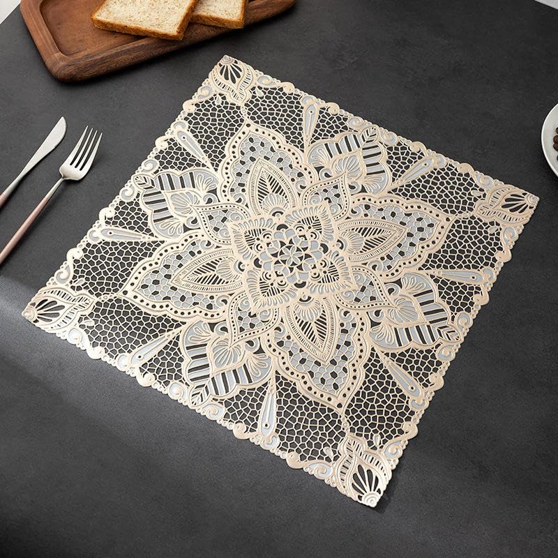 Image of Dakshya Industries PVC Waterproof Square Table Placemats & Table Runner Combo Set | 6 Dining Table Mats (38 x 38 cm) + 1 Runner (91 x 33 cm) | Heat Resistant, Washable, Non Slip (Urban Elegance)