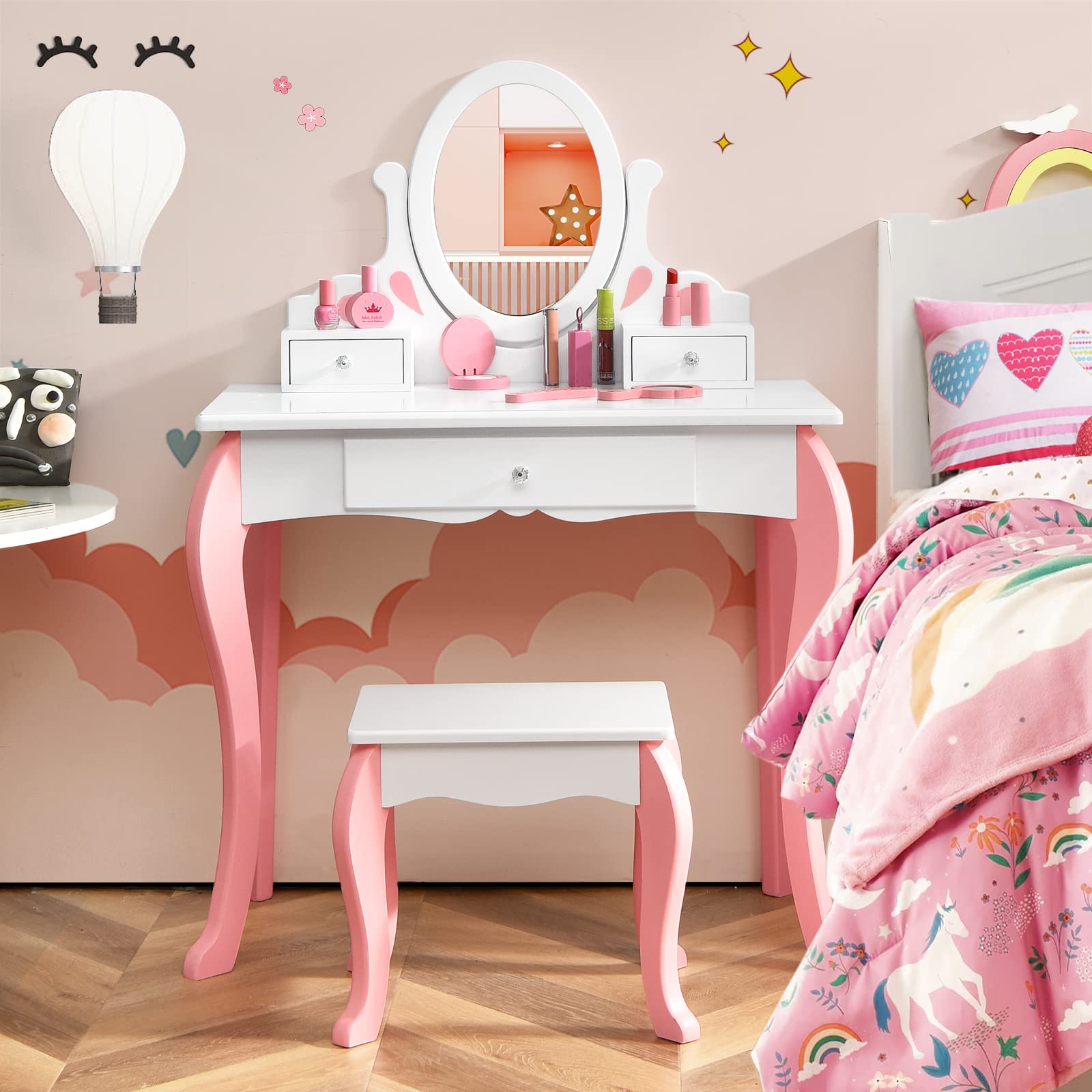 RELAX4LIFE Toeletta con Sgabello per Bambini, Tavolo da Trucco con Specchio Cosmetico Girevole, Struttura Antiscivolo con Sicurezza Anti Ribaltamento, Scrivania e Sgabello da Cameretta (Bianca)