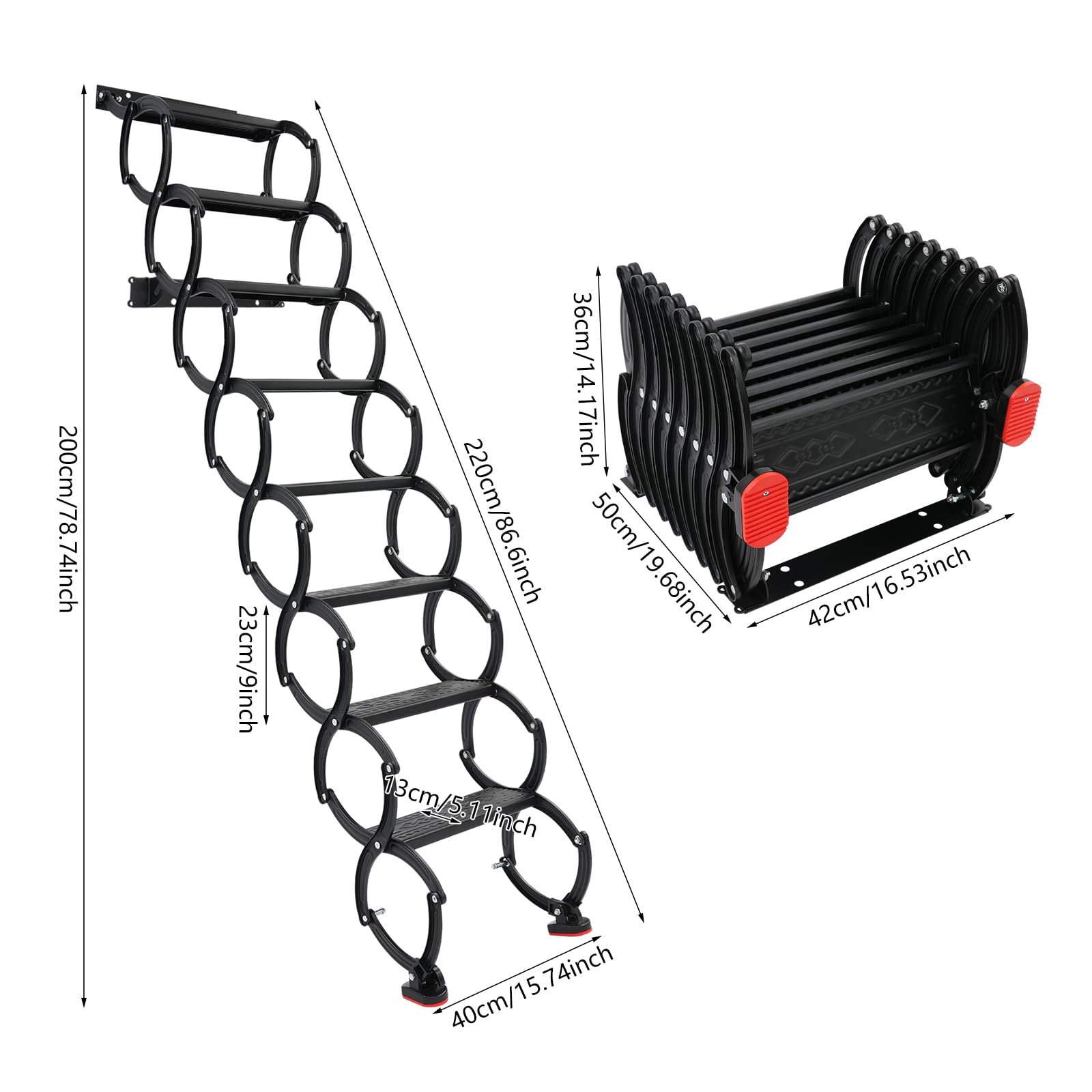 Escalera plegable montada en la pared, escalera desplegable para ático, escaleras de acordeón para desván de 8 peldaños, capacidad de carga por escalón de 200 kg, de suelo a techo 220 cm, para