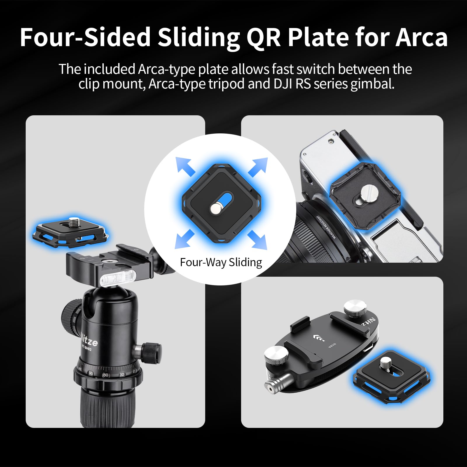 Nitze Kamera Clip, Aluminum Camera Clips, Kamera Rucksack Clip mit 4-seitig Montierbarer Arca Quick Release Platte für DSLR/Mirroless-Kamera, Action-Kameras - N58A