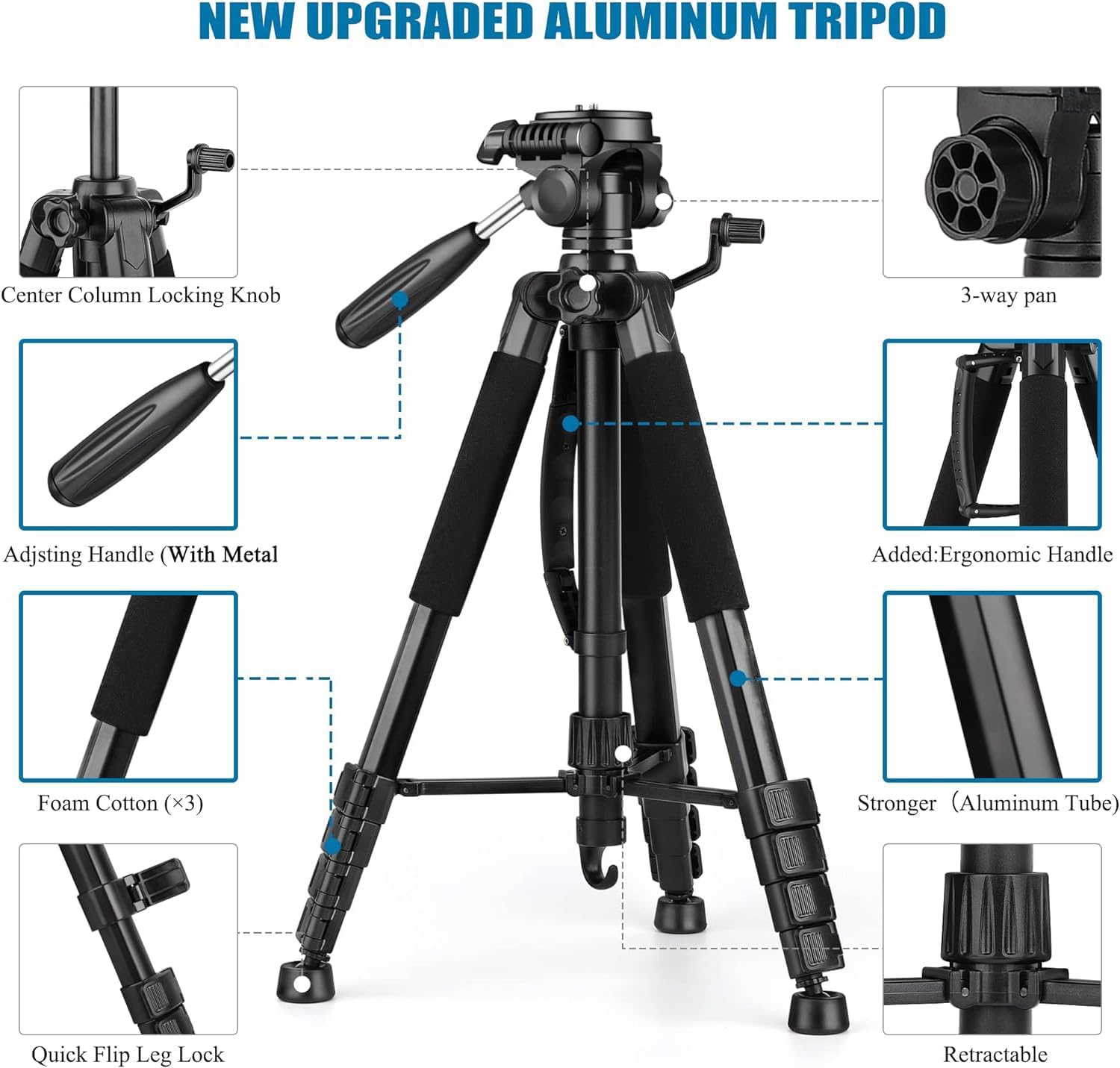 Camera Tripod for Canon Nikon, 190cm Lightweight DSLR Tripod Camera Stand with Detachable Head and Universal Phone Mount, Reinforced Aluminum Tall Tripod for Vlog Live Streaming （Black）