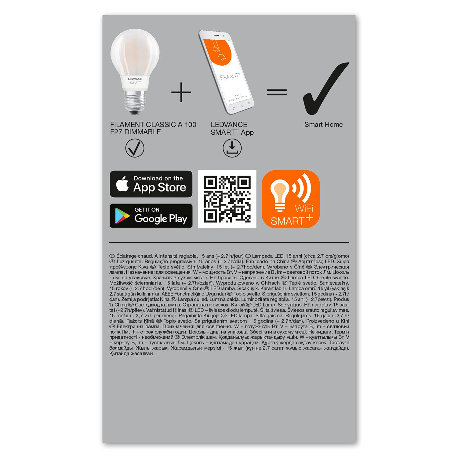 LEDVANCE Bombilla LED inteligente con tecnología Wifi, base E27, regulable, blanco cálido (2700K), forma de bombilla, mate, reemplazo de bombillas de 75W, controlable con Alexa, Google y App