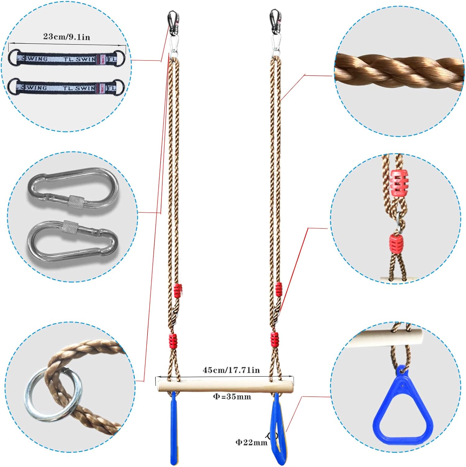Flyzy Trapeze Swing bar with Rings Trapeze bar for Tree with Locking Carabiners&Tree Swing Hanging Straps for Indoor Jungle Gym Play Set and Outdoor Playground for Swingset ,Ninja line Backyard(Blue) : Toys & Games