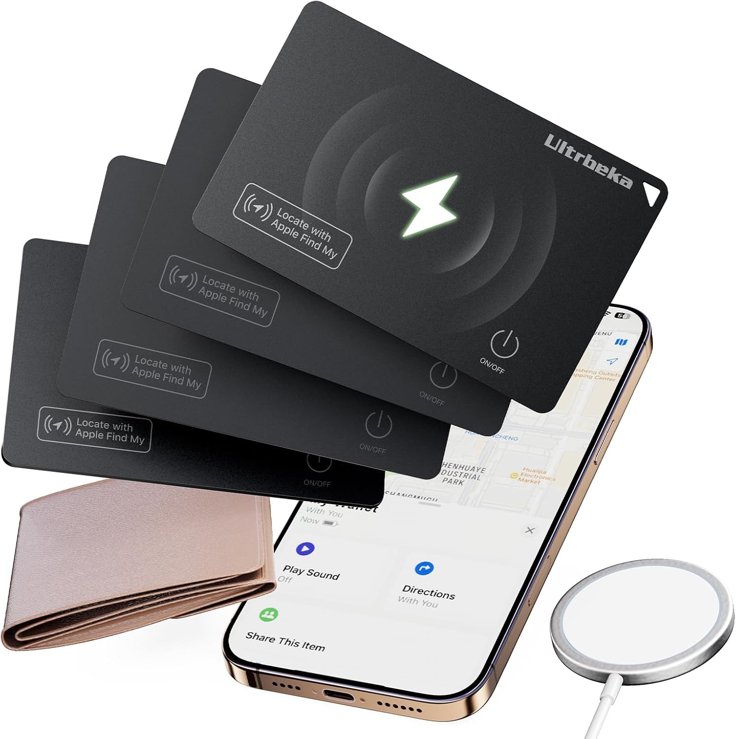 Wallet Tracker Card IP68 Waterproof Bluetooth Tracker for Wallets, Passport, Work with Apple Find My, Wireless Charging, iOS Only [Apple MFi Certified]- 4pcs / 1* Wireless Charger