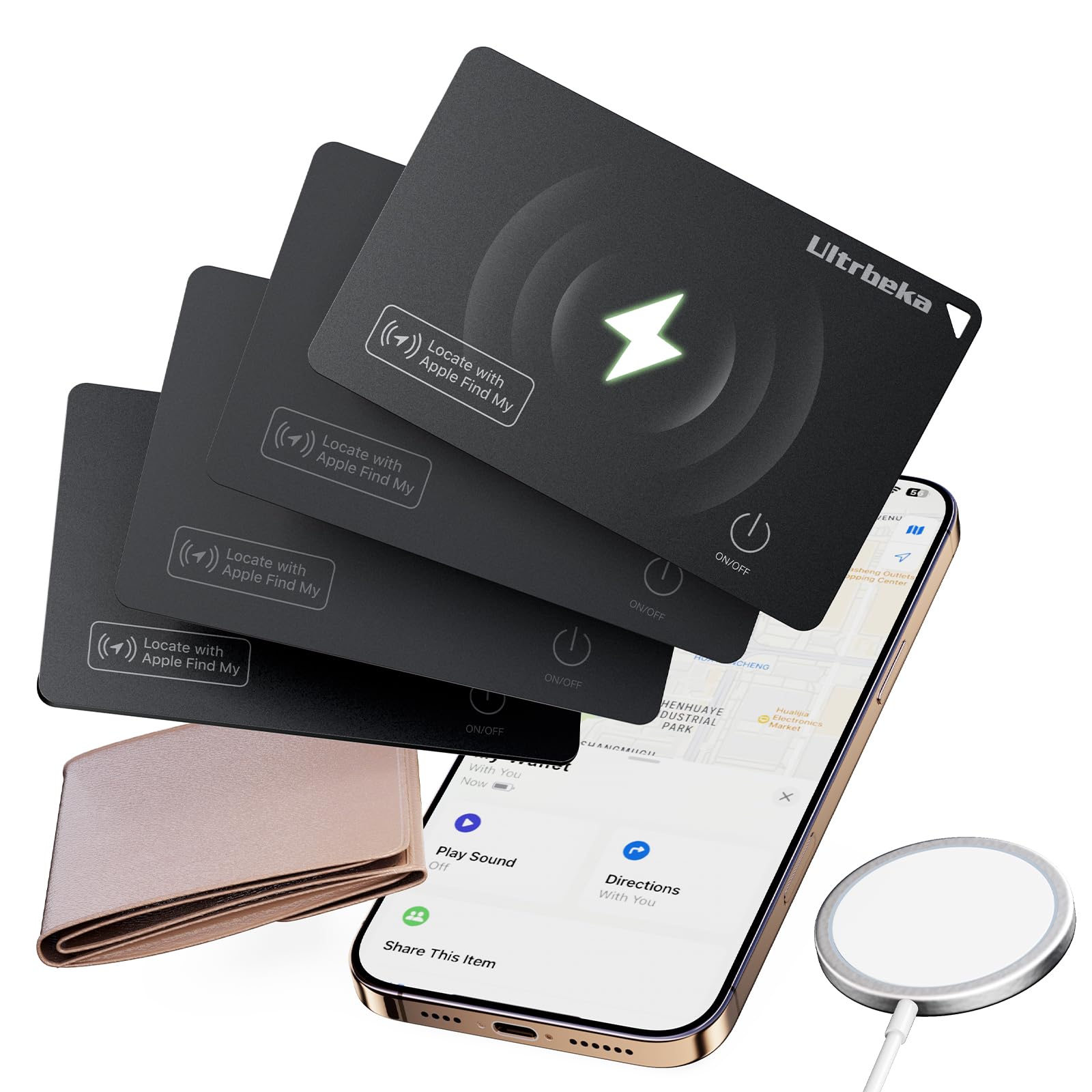 Wallet Tracker Card IP68 Waterproof Bluetooth Tracker for Wallets, Passport, Work with Apple Find My, Wireless Charging, iOS Only [Apple MFi Certified]- 4pcs / 1* Wireless Charger-image-3