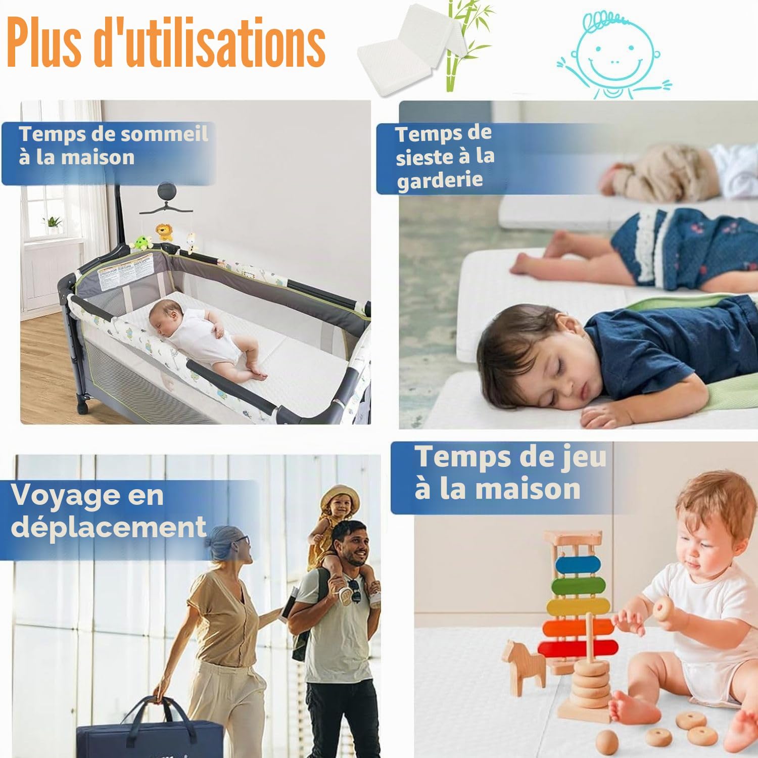 Matelas pour lit d'enfant 120x60cm pour Un Confort Supérieur-Pliable et Portable pour Les Enfants-Housse Amovible en Coton Bambou-Tapis de Sol pour bébé-Hypoallergénique-Oeko Tex.