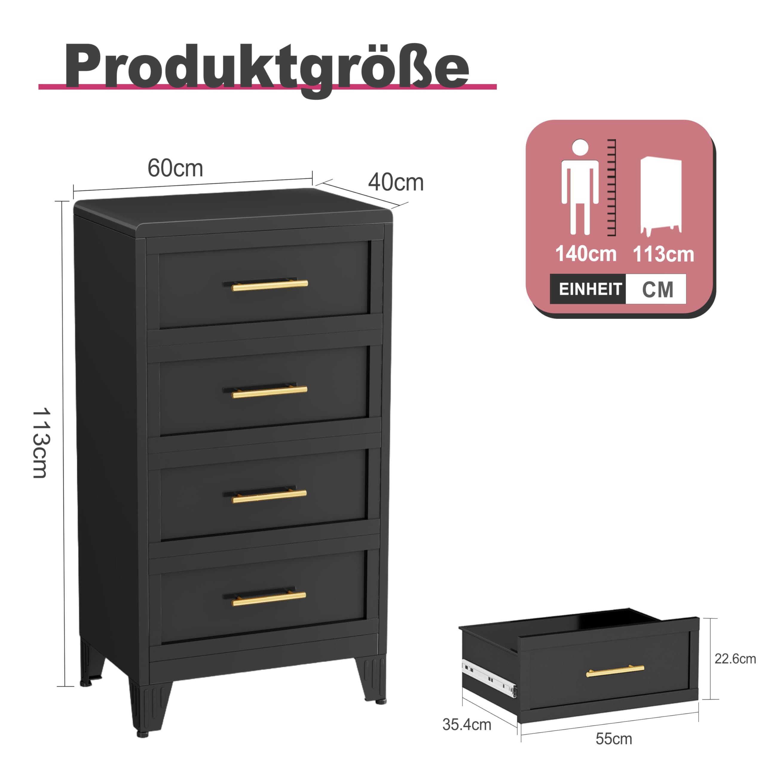4 Schublade Metall Datei Schrank, hohe breite Tiefe Kommode Schrank, Aufbewahrungsschrank mit Schublade Organizer Einheit für Kleidung, Schlafzimmer, Wohnzimmer, Flur, Eingang, Schwarz