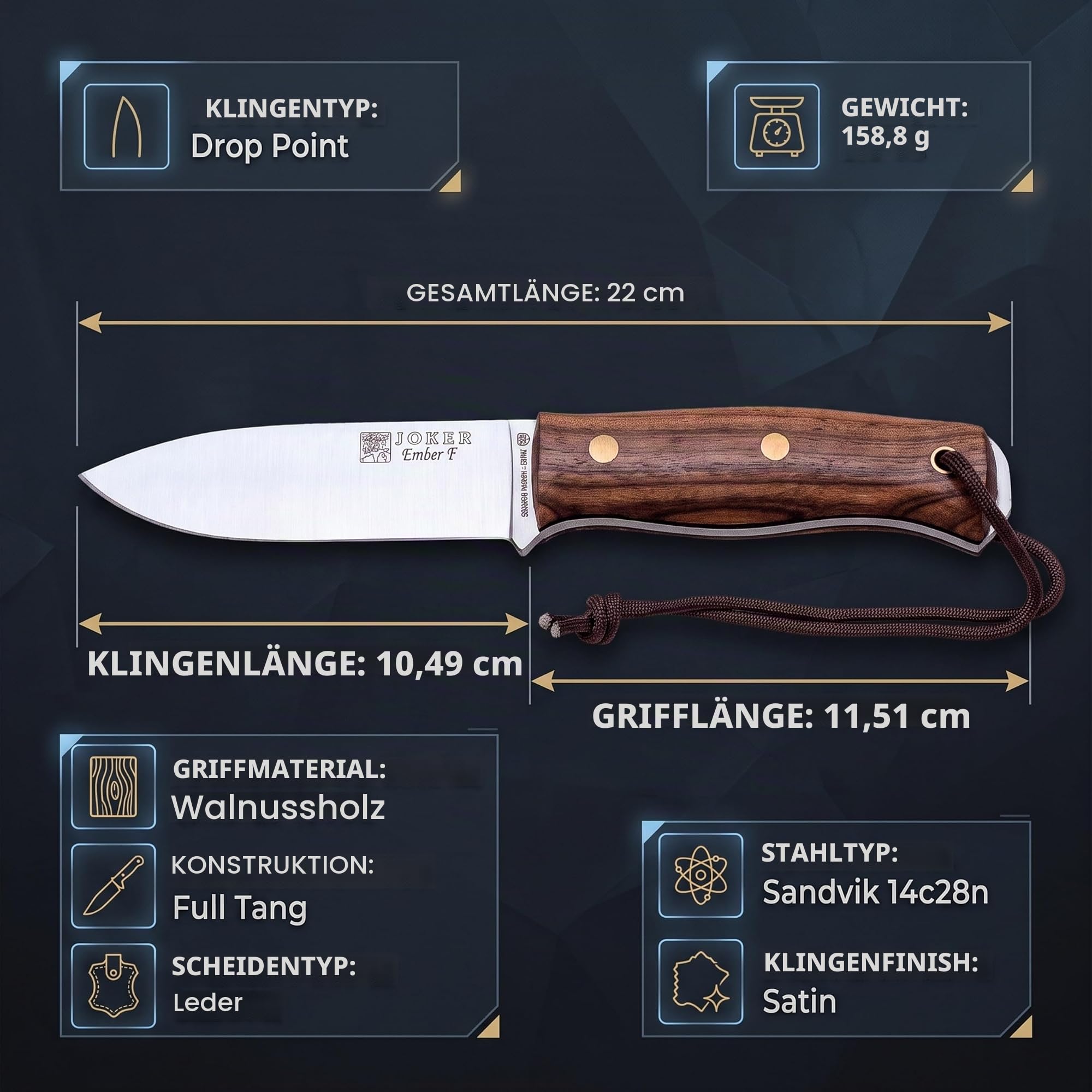 Joker Jagdmesser Ember F, CN123-P, Gürtelmesser mit 10,5 cm Klinge, Walnuss Holzgriff, Lederscheide mit Feuerstahl, Sandvik Stahl 14C28N, Werkzeug zum Angeln, Jagen, Camping und Wandern
