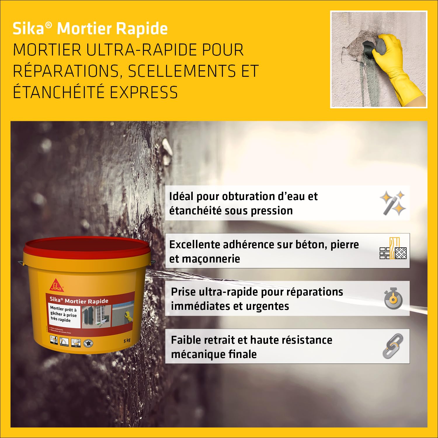 SIKA - Mortier anti-fuites prise rapide - Sika Mortier Rapide - 5kg | Stoppe fuites et infiltrations d’eau - Petits scellements - Prise très rapide - Prêt à gâcher - Multi-supports