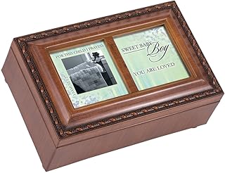 Cottage Garden Baby Boy Loved for This Child Woodgrain Rope Trim Jewelry Music Box Plays Jesus Loves Me