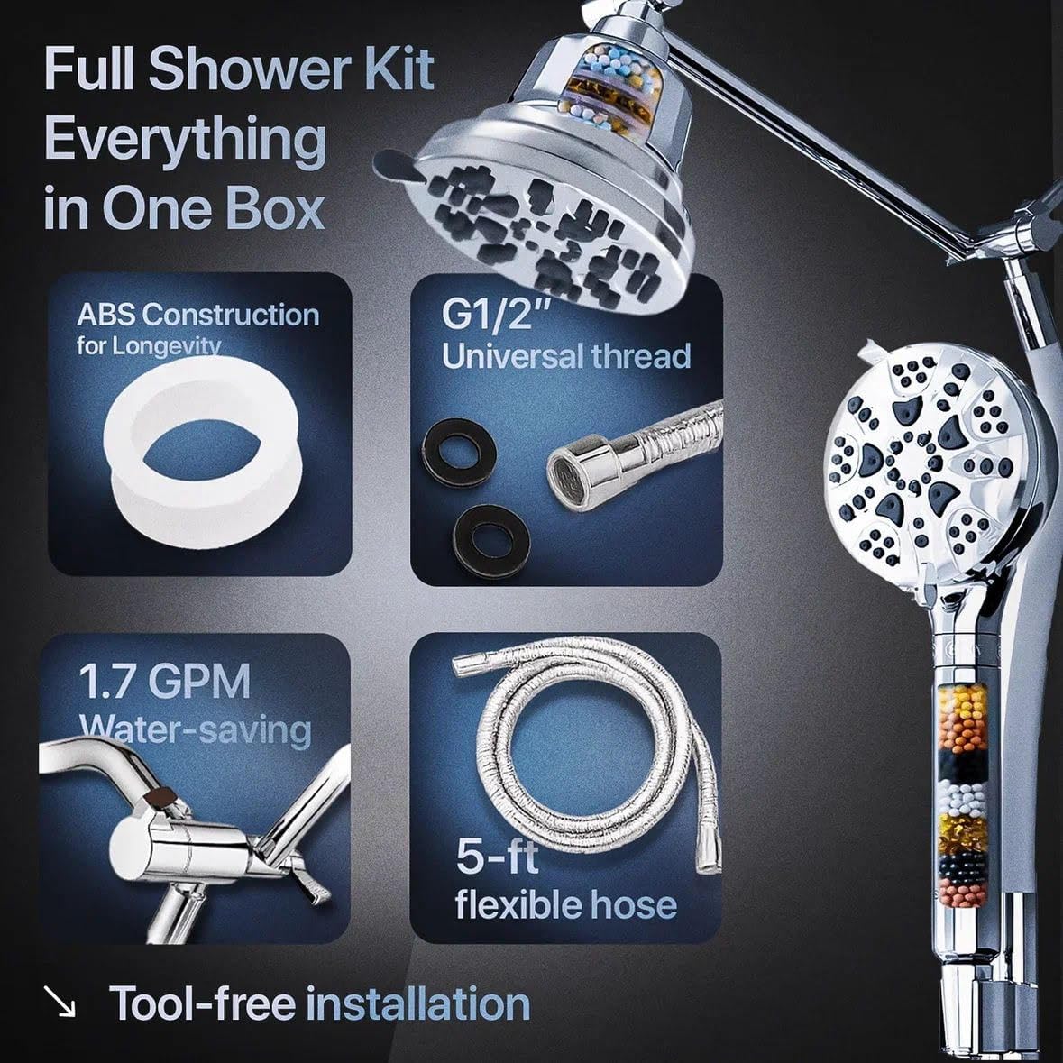 AQUAZEN® Dual Filtered Shower Head Combo | Rainfall + Handheld | 6 Spray Modes | High Pressure | Flexible Mount | Hard Water Filtration | 60" Hose | Chrome Finish
