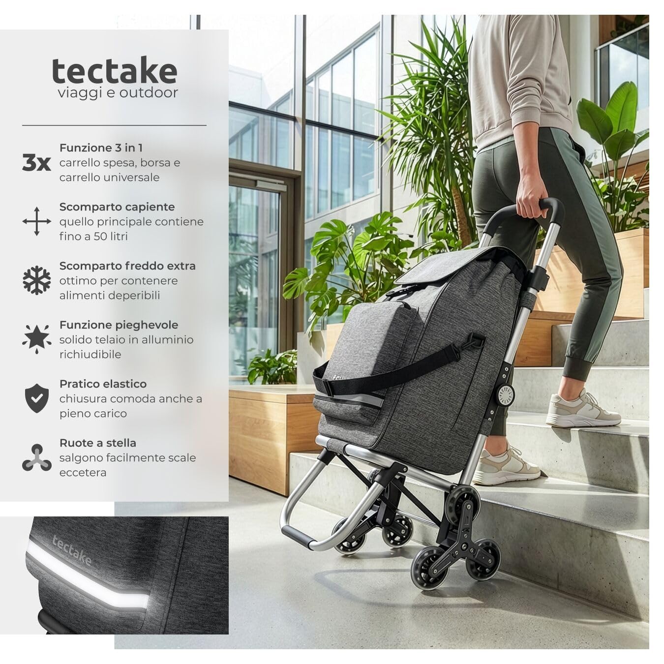 tectake® Carrello Spesa Shopper 3 in 1, Trolley Pieghevole con Borsa Termica per Surgelati, Carrello con Ruote Portatutto, Carrellino Spesa Con Ruote a Stella, Capacità max 30 kg / 56 L - Grigio