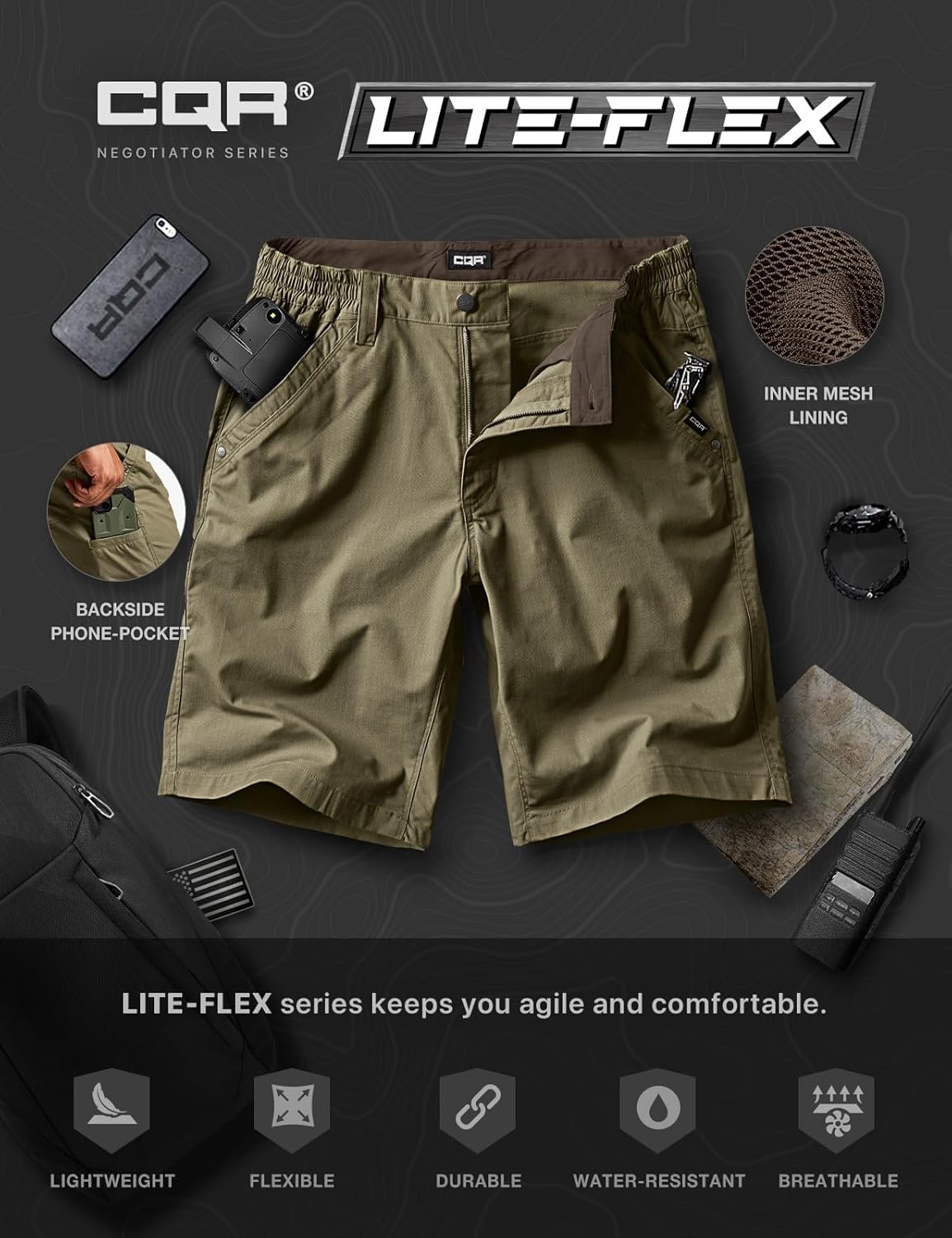 CQR Men's Flex Casual Cargo Shorts, Lightweight Water Resistant Golf Shorts, Stretch Tactical Work Shorts with Multi-Pocket - Image 7