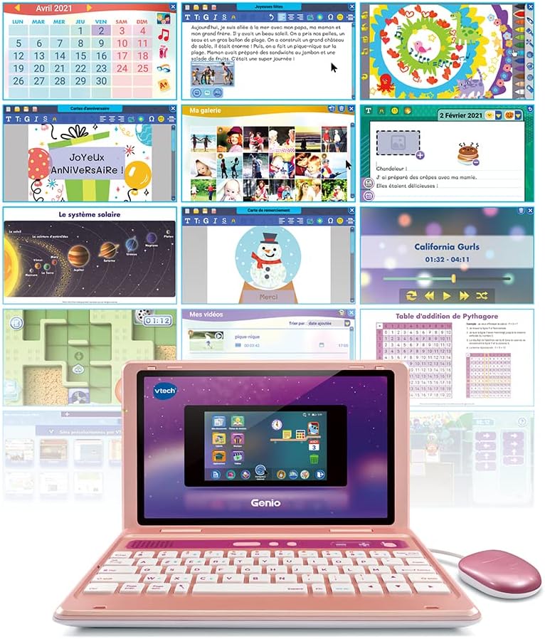 Multiple screen examples from the VTech Genio Kids Laptop, showing various educational activities and applications.