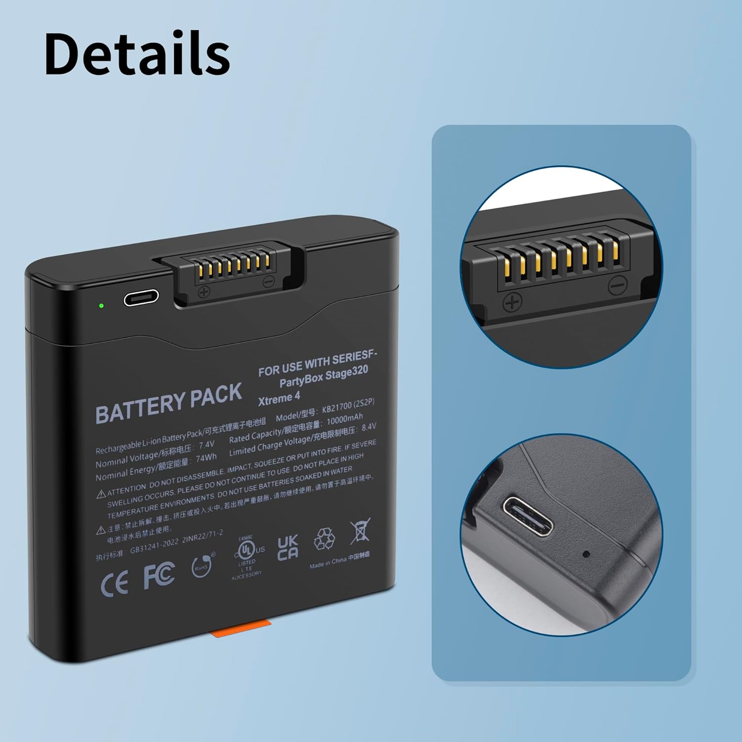 10000mAh Battery Compatible for JBL PartyBox Stage 320 & Xtreme 4 Portable Speaker, Replacement for JBL Battery 400, with Type-C Charging Cable Upgrade Capacity 7.4V 74Wh