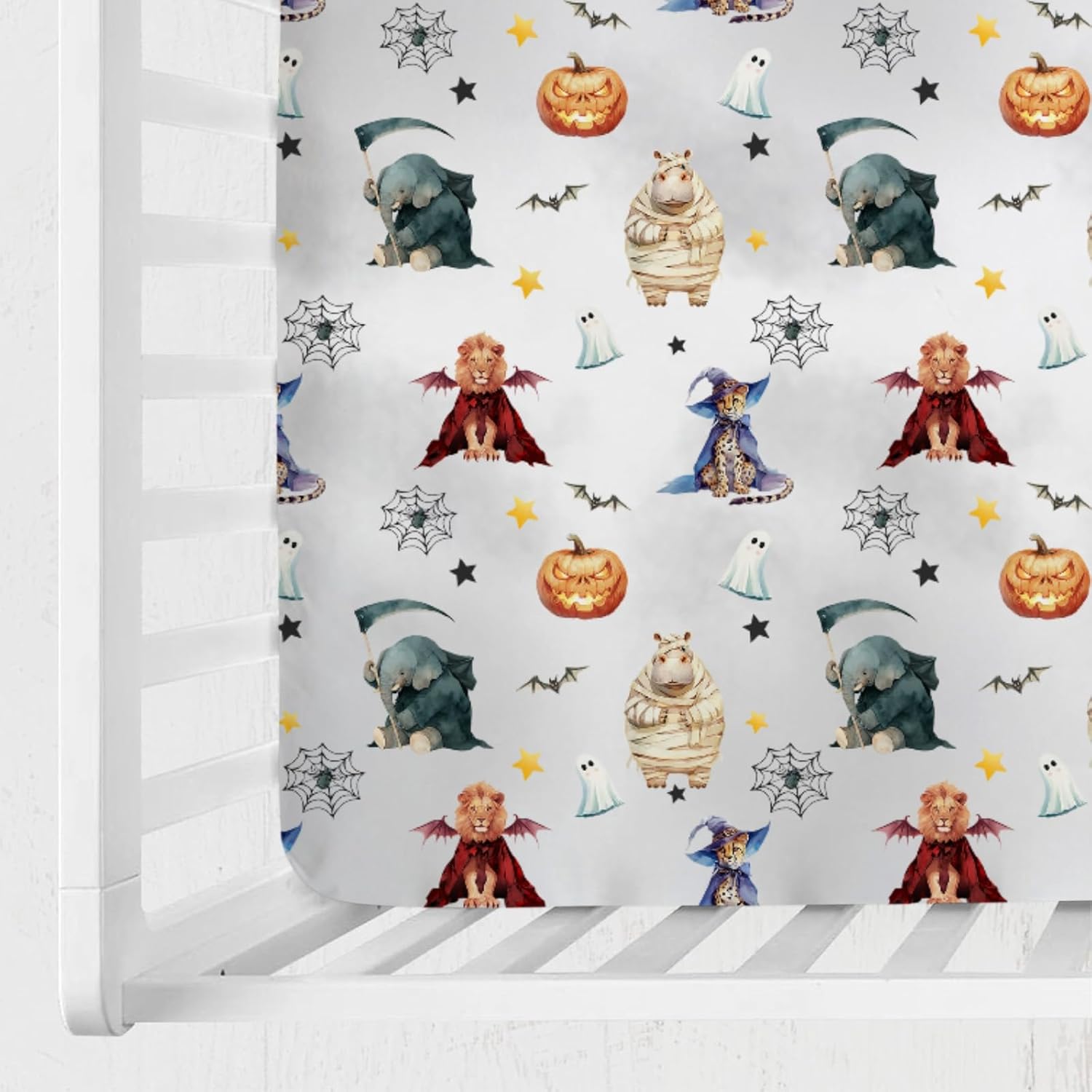 Spooky Afro Safari Animals Halloween Baby Crib Sheets 52''x28'' Lion Leopard Elepant Hippo Pumpkin Bat Webs Stretchy Fitted Crib Mattress Cover for Boy Girl Soft Crib or Toddler Mattress Bed Sheets