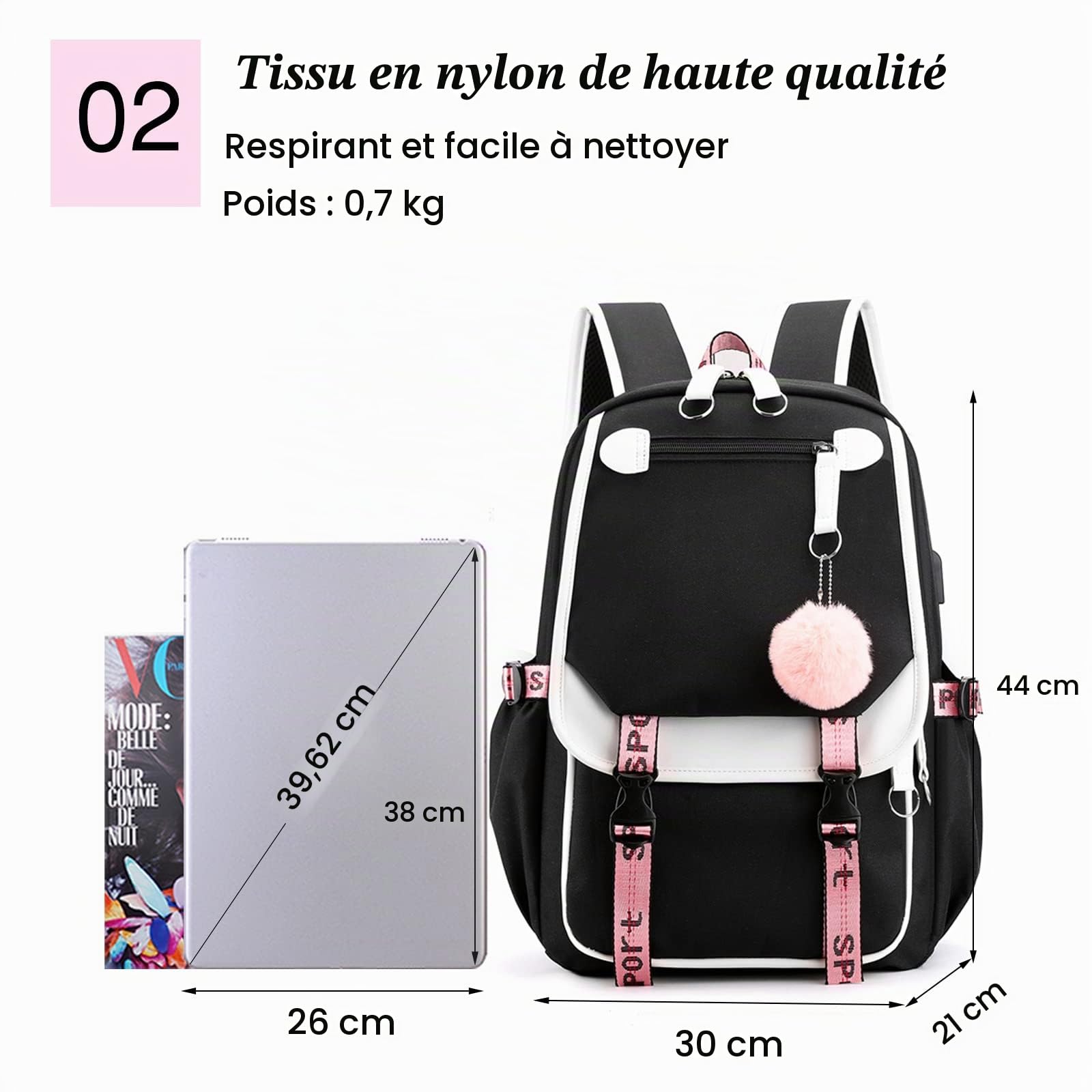 FANDARE Sac à Dos de Filles Sacs d'école Loisir Cartable Sacs Scolaires avec Port de Charge USB pour Femme Outdoor Voyage Achats Pique-Nique Campus Randonnée avec Pendentif Hair Ball Noir