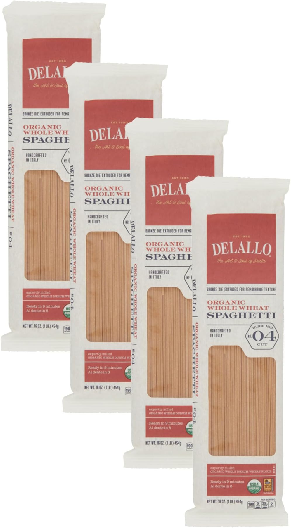 Whole Wheat Spaghetti, 1 Pound Bag, 4 Pack, 100% Organic Noodles, Pasta from Italy, Whole Grain, Cooks Al Dente