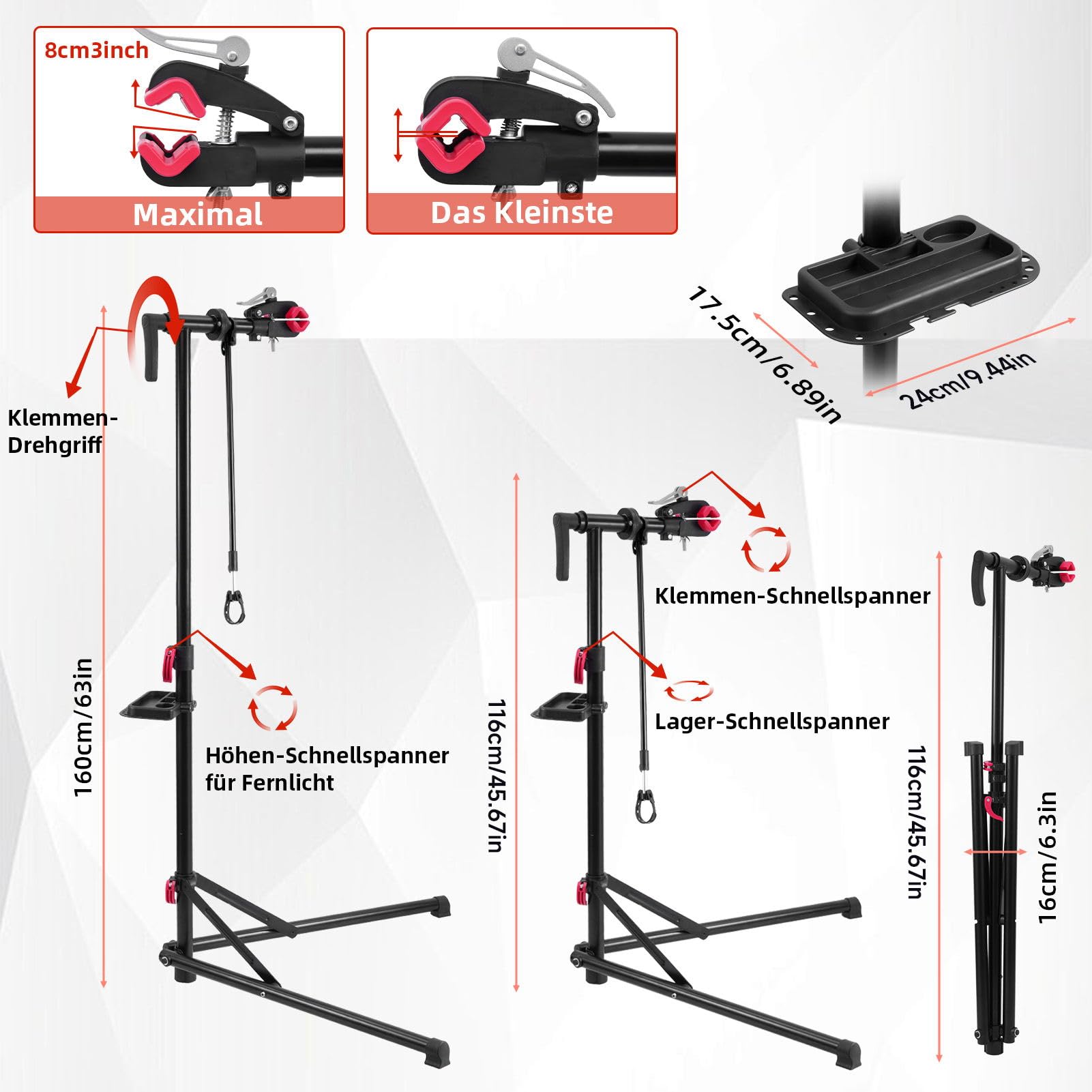 Fahrradmontageständer, Höhenverstellbar Fahrrad Reparaturständer mit Werkzeugablage bis 50kg, Klappbar 360° Drehbar Profi Reparaturständer für E-Bike Mountainbikes - Schwarz