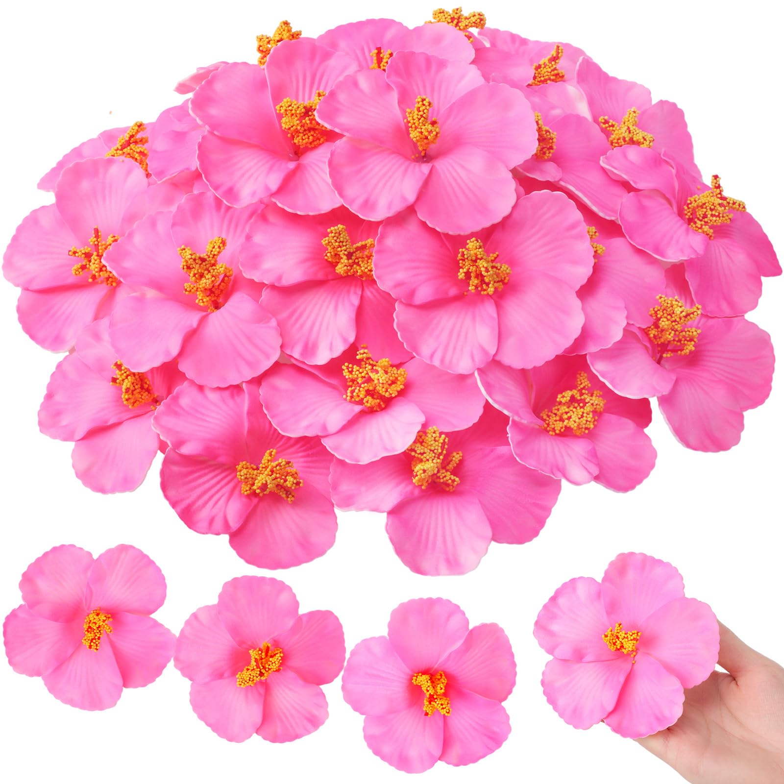 Photo 1 of Hotop 24 Pcs Artificial Hibiscus Flowers Pink Hawaiian Fake Flowers Faux Tropical Hibiscus Decoration for Luau Summer Party Decor DIY Crafts Cake Favors Supplies Table Centerpieces