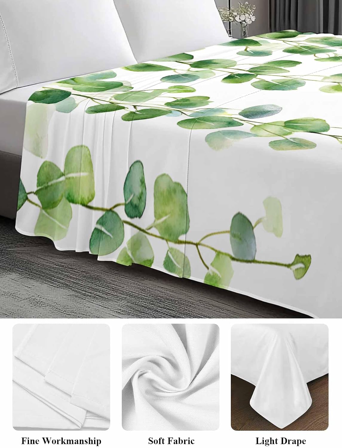 Top Sheet Full Bedding Flat Sheet Only, Spring Green Summer Eucalyptus Leaf Microfiber Bed Sheets Soft Breathable Bedding Flat Sheets, Pastoral Botantical Hotel Luxury Top Sheets