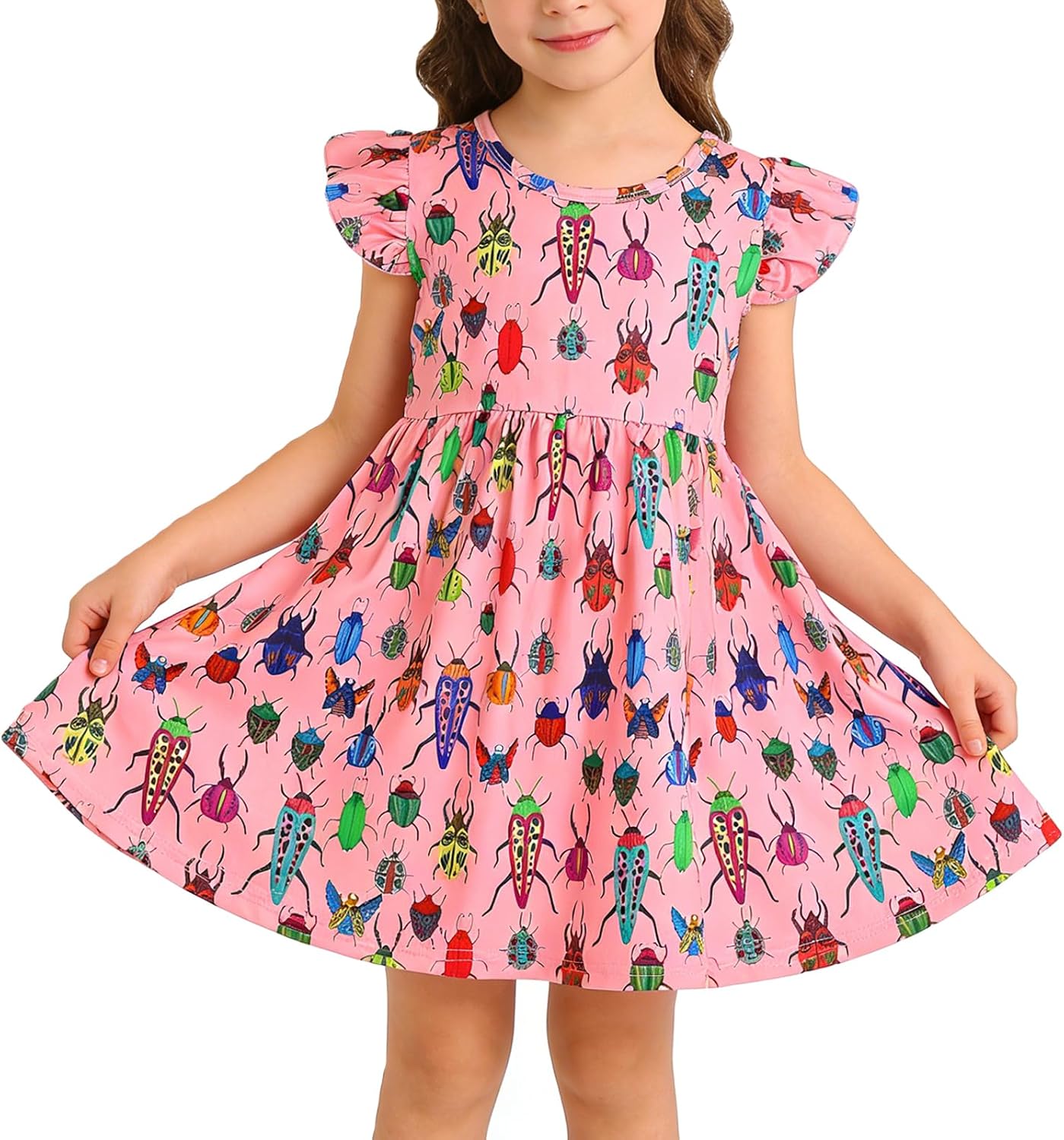 Toddler Girls Casual Beetle Insects Print Dresses Flutter Sleeve Clothes Outfits 2-8Y