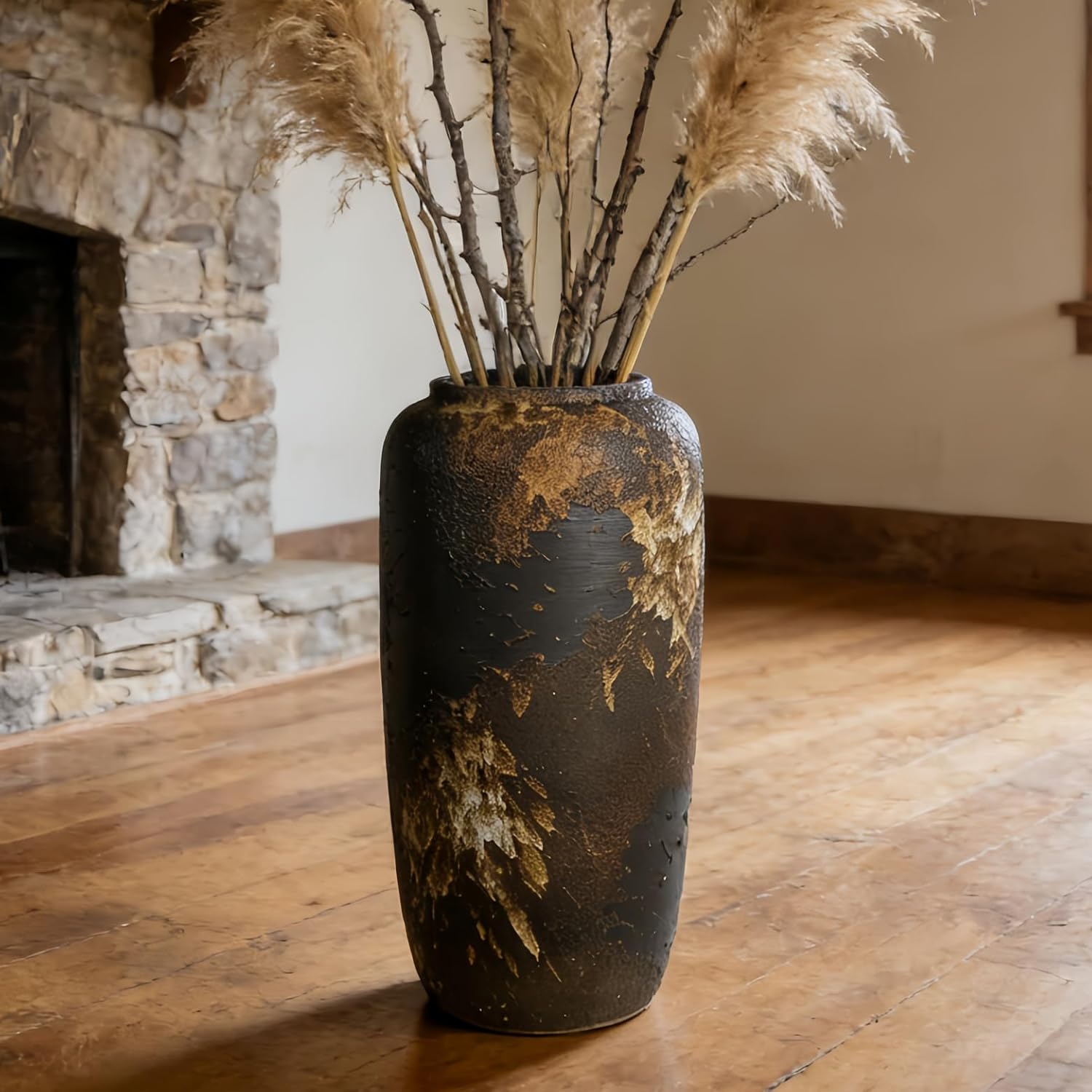 Black Rustic Ceramic Tall Floor Vase, 15.7 Inch Vintage Large Farmhouse Vase Pottery Clay Terracotta Rustic Vases for Home Decor Living Room Entryway Table Centerpieces,Kitchen,Housewarming Gifts