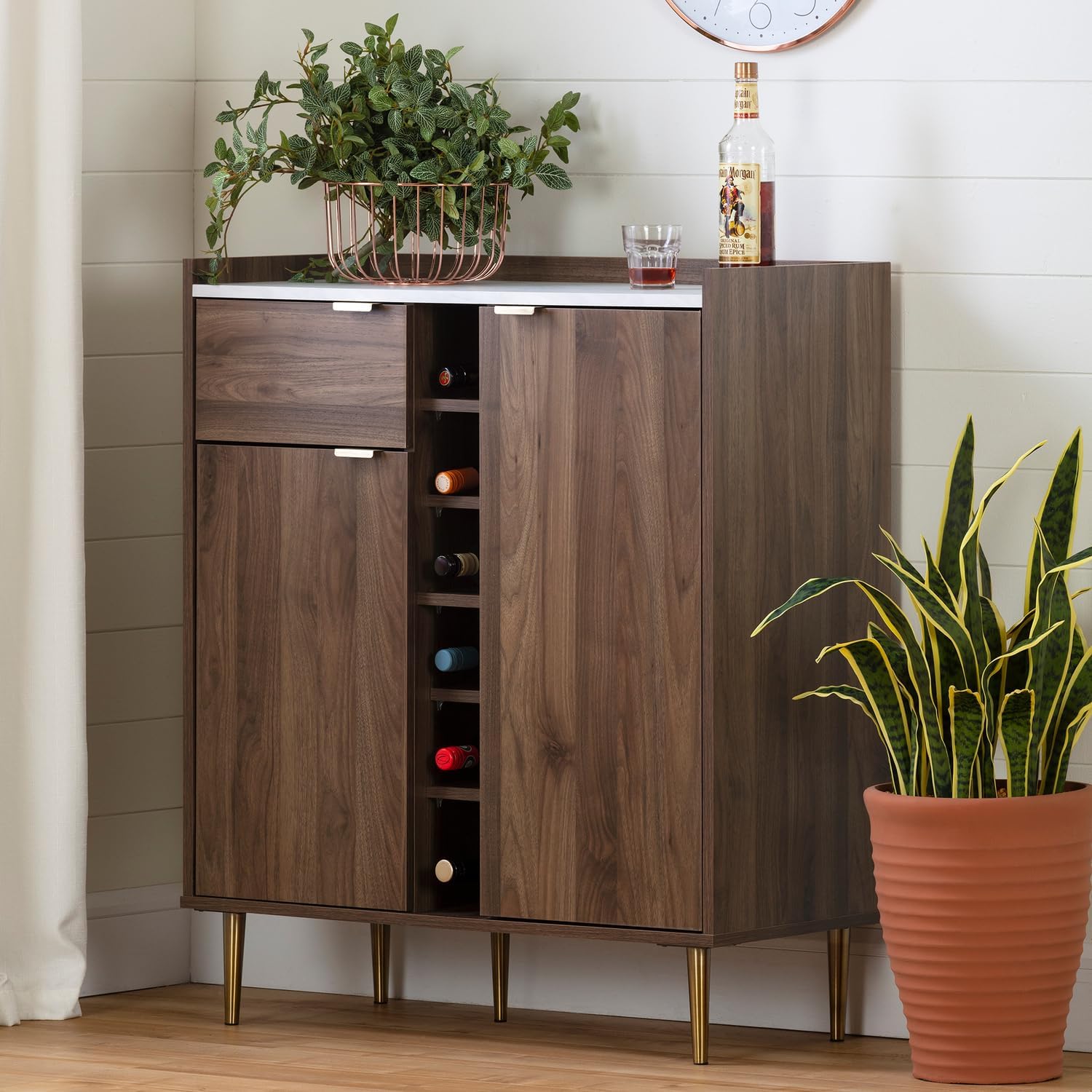 HomeStock Handcrafted Haven Buffet with Wine Storage - 16.5" D x 34.25" W x 40.75" H, Natural Walnut and Faux Carrara Marble Finish with 1 Door, Floor Mount